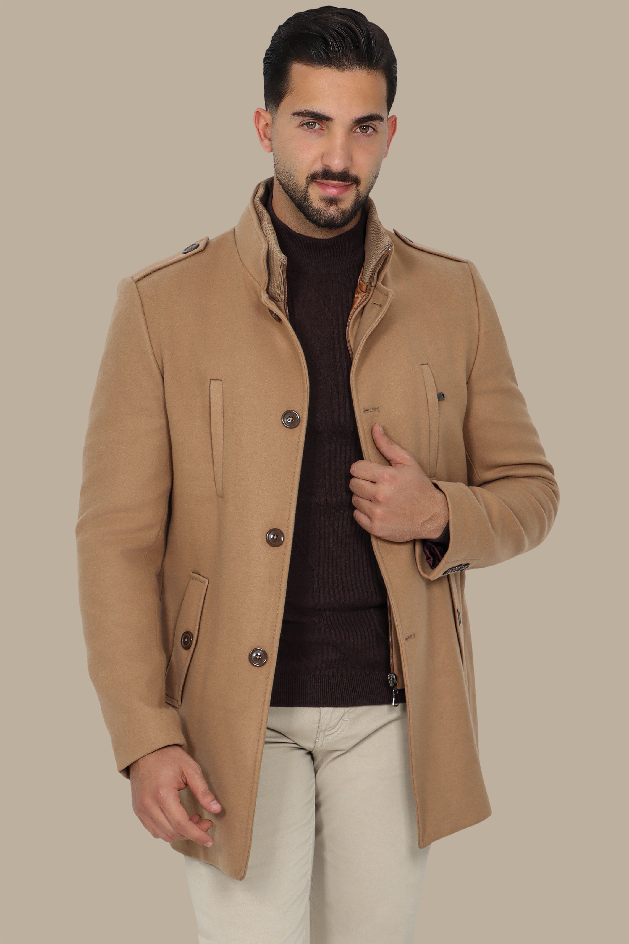 Beige Coat with Detachable Mao Collar