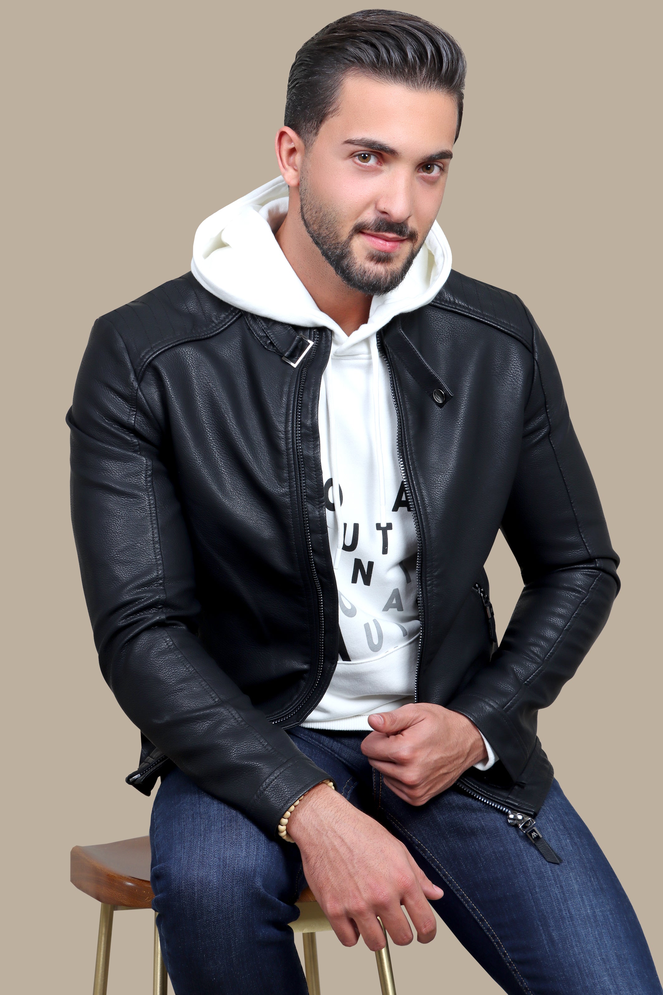 Jacket Faux Leather Col Mao with Buckle | Black