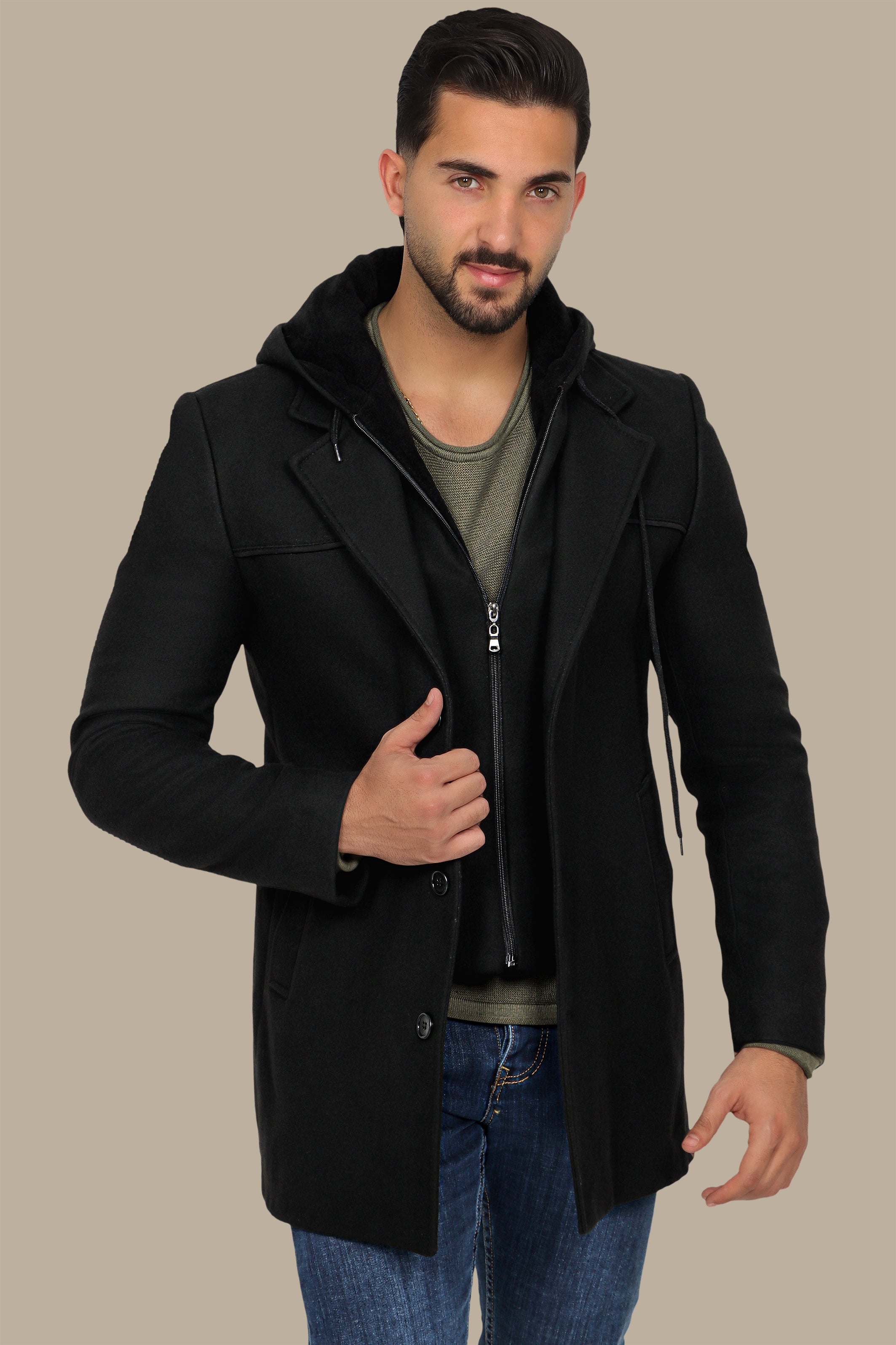 Black Coat Hoodie with Detachable Design