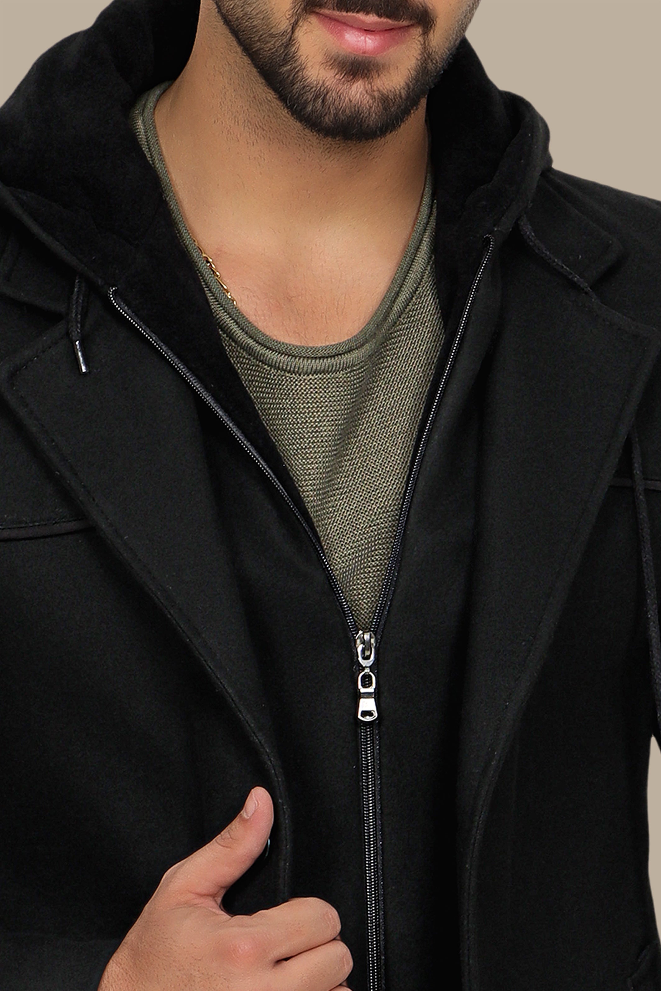 Black Coat Hoodie with Detachable Design