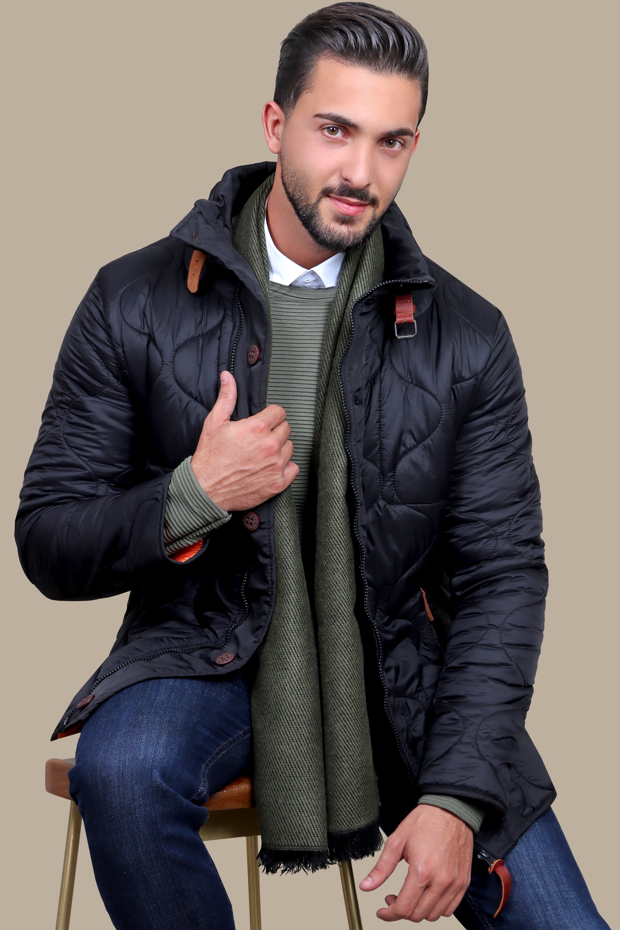 Black Quilted Puffer Jacket with Refined Detailing