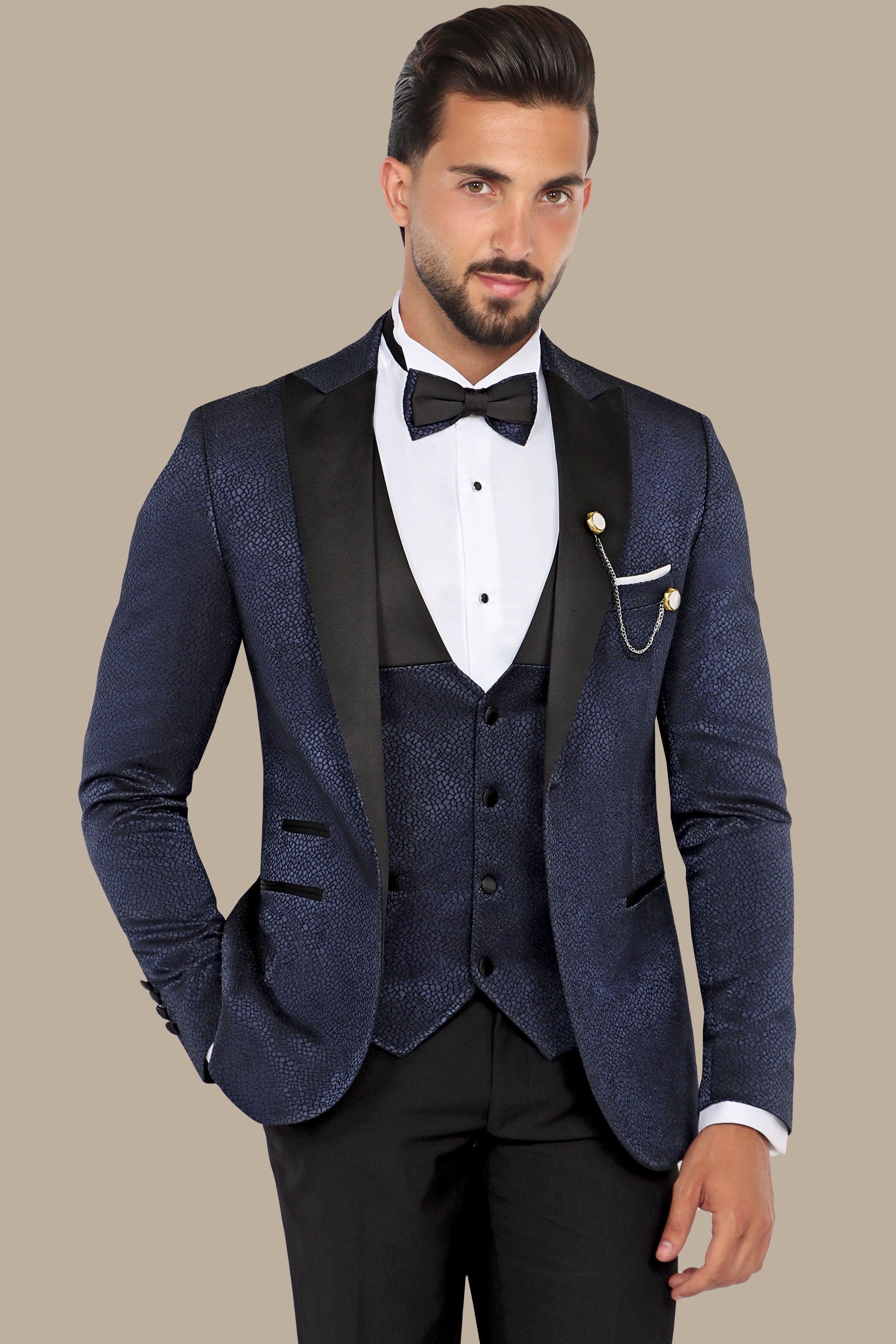 Elegant Navy Tuxedo Jacquard 4-Piece Set