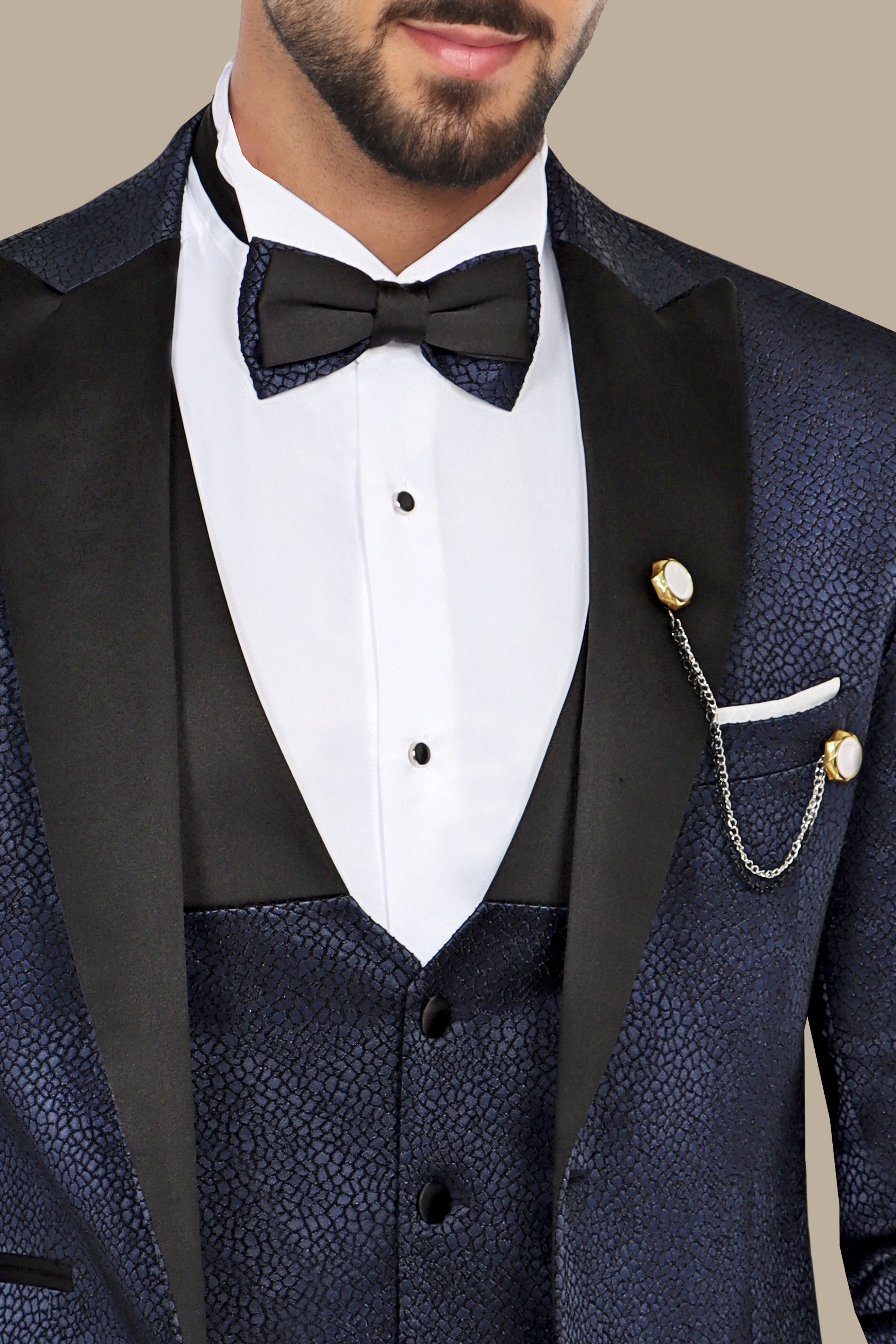 Elegant Navy Tuxedo Jacquard 4-Piece Set