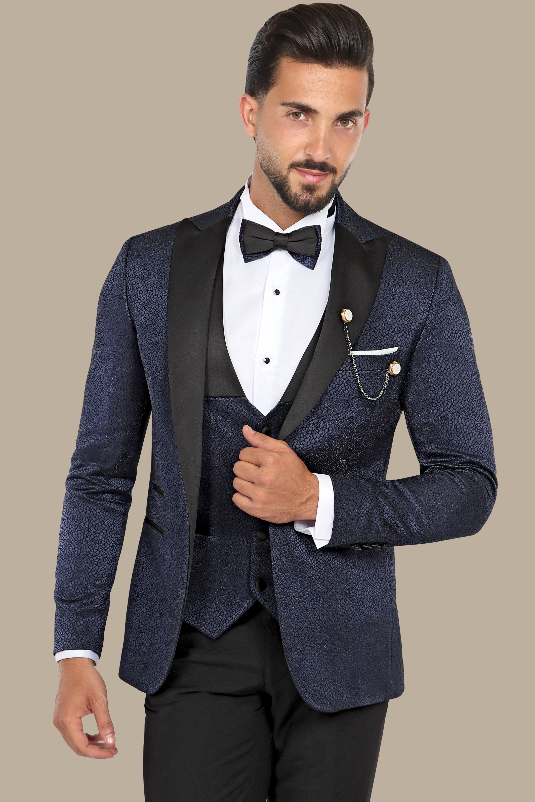 Elegant Navy Tuxedo Jacquard 4-Piece Set