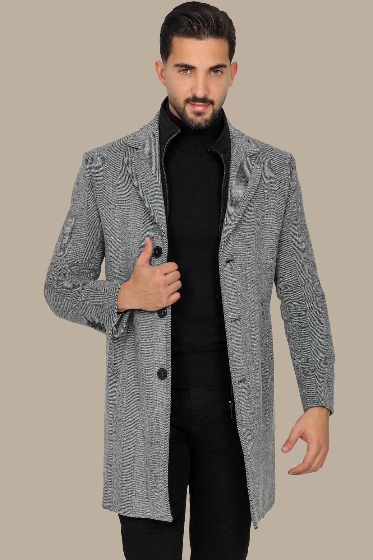 Grey Herringbone Coat with Detachable Collar
