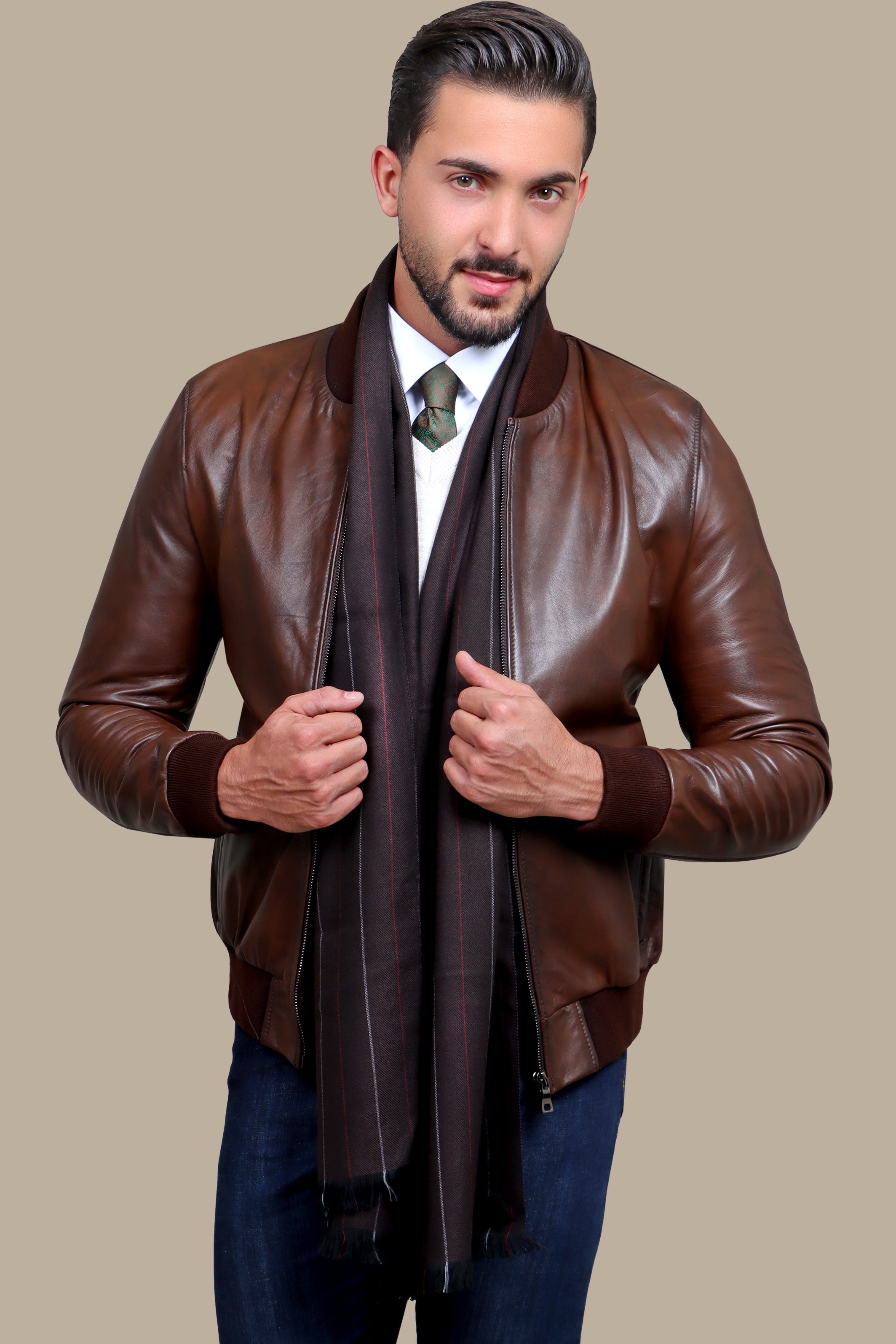 Brown Real Leather Basic Col Mao Jacket