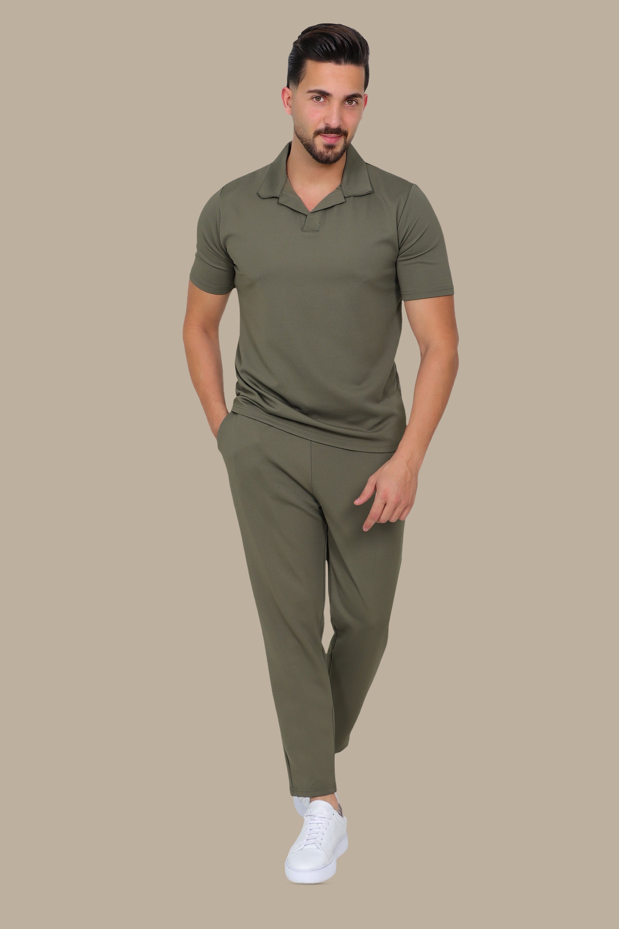 Khaki Linen Loose Long Sleeve Tracksuit