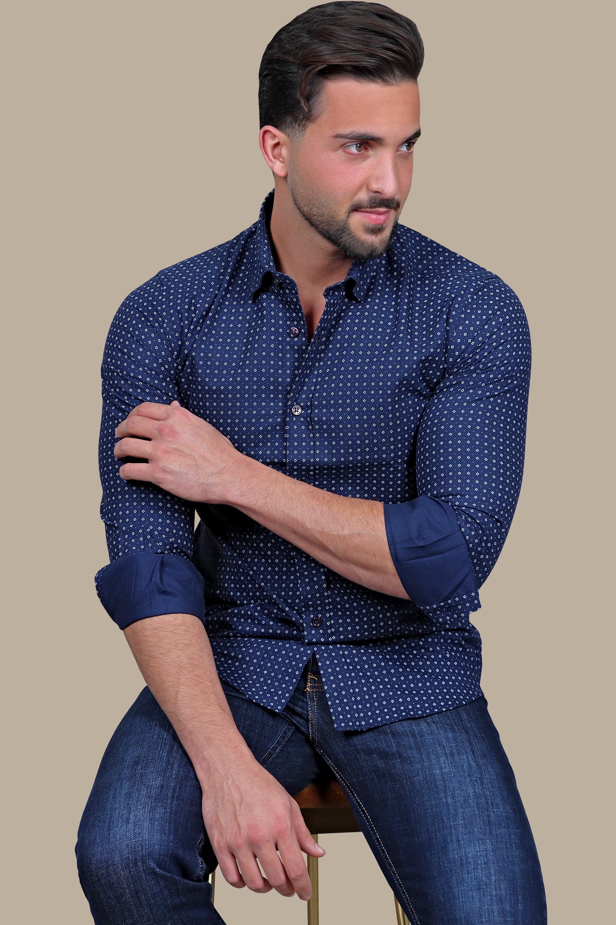 Contemporary Charm: Navy Square Print Shirt