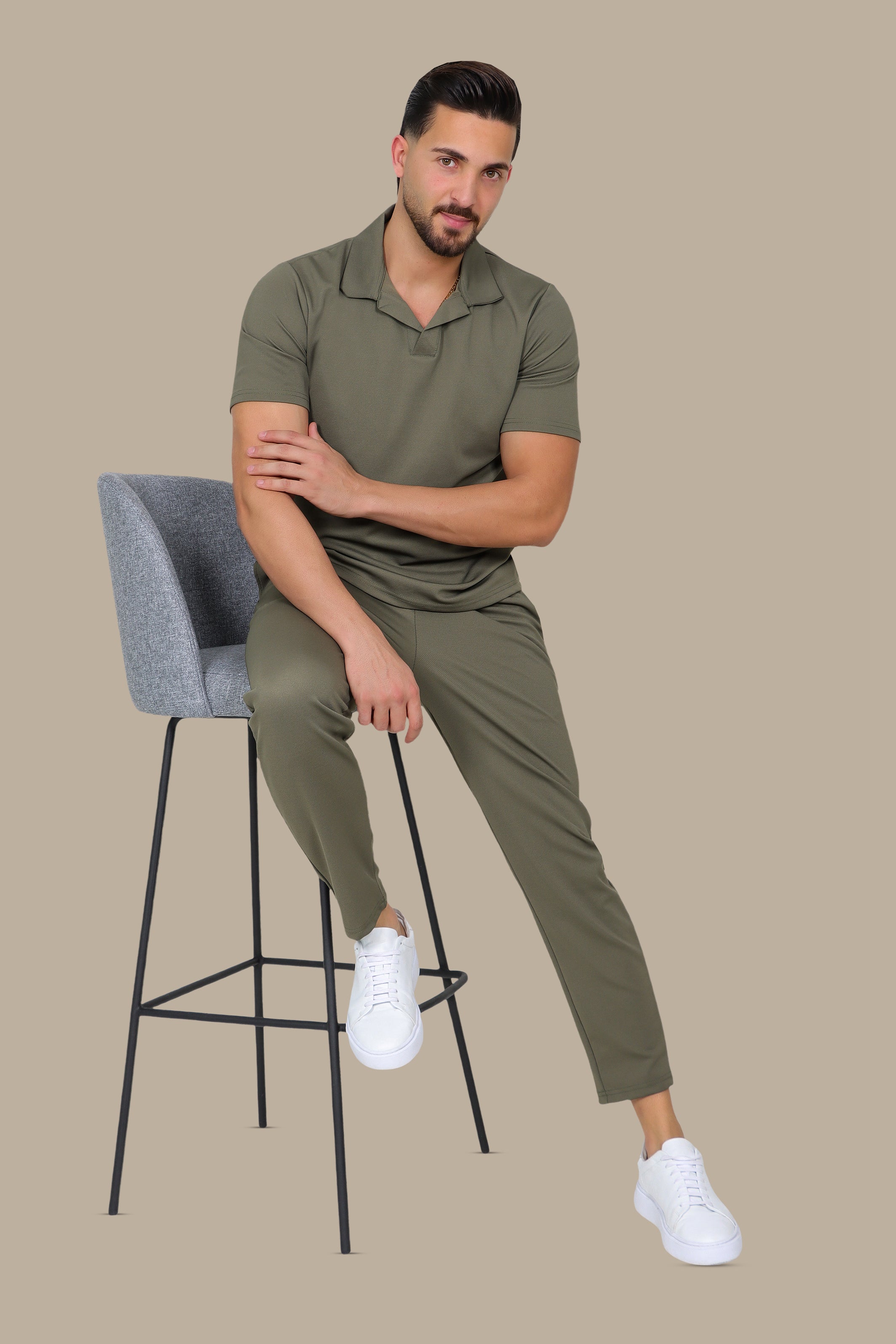 Khaki Linen Loose Long Sleeve Tracksuit