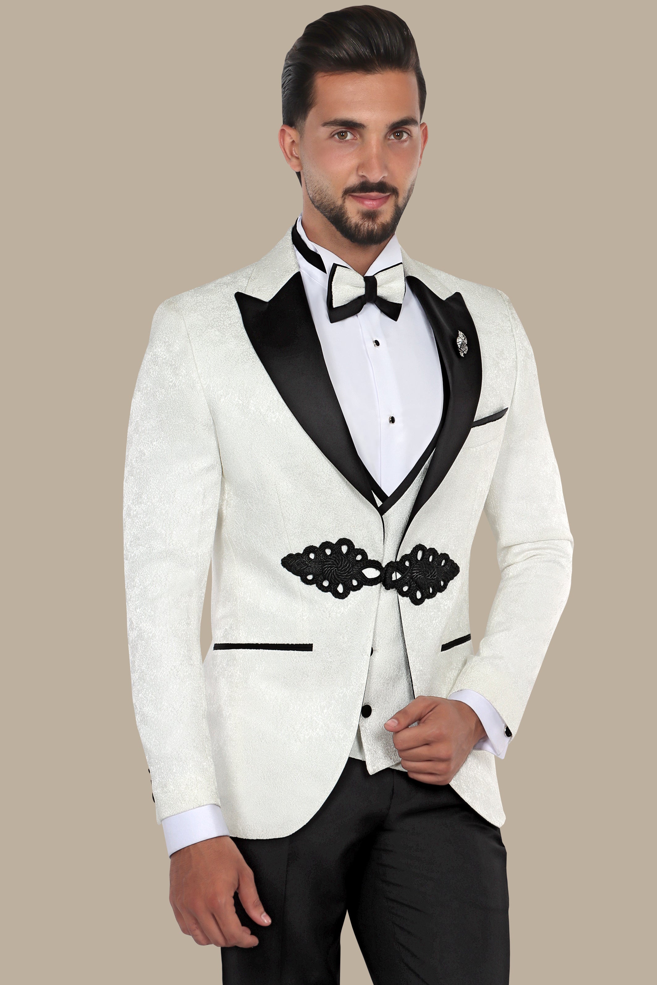 White Jacquard Peak Lapel Tuxedo Set with Crochet Detail