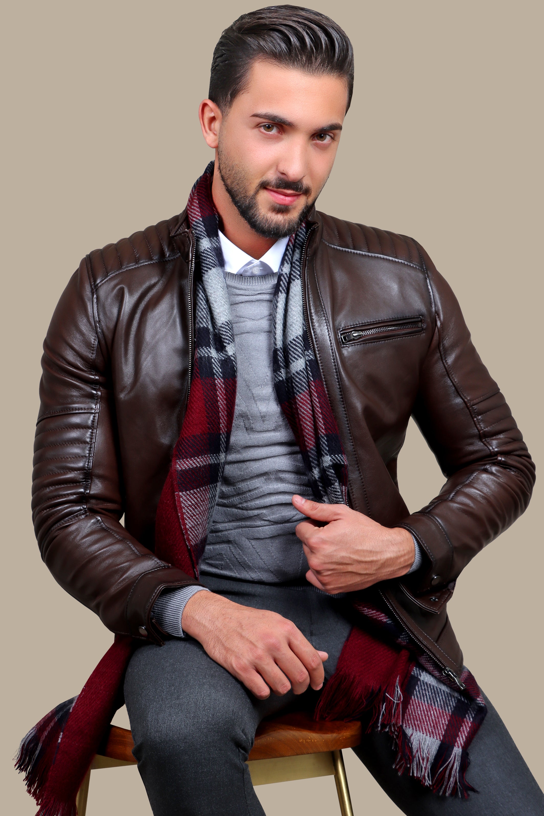 Triple-Zip brown Leather Collarless Jacket