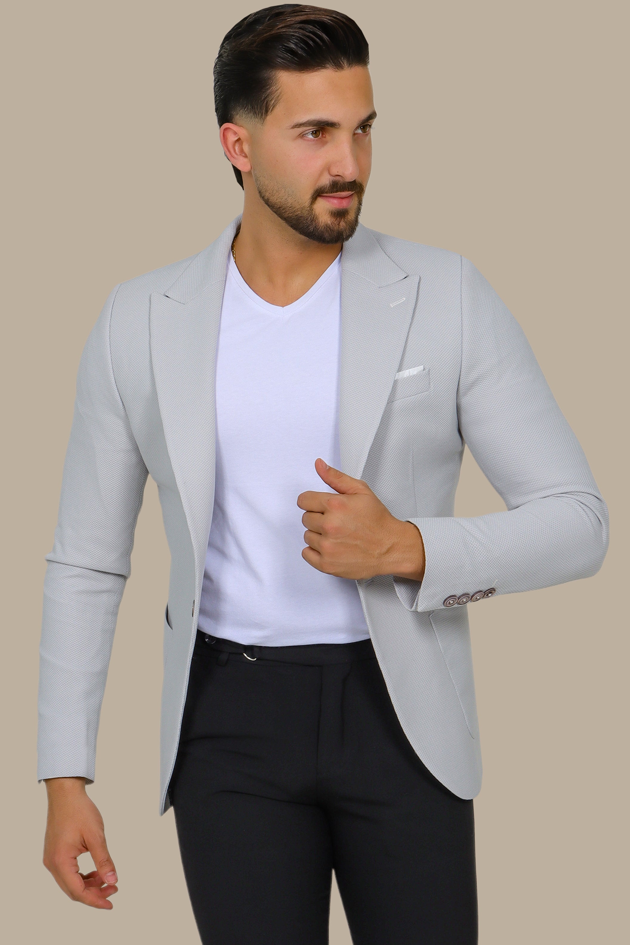 Light Grey Piquet Blazer with Peak Lapel