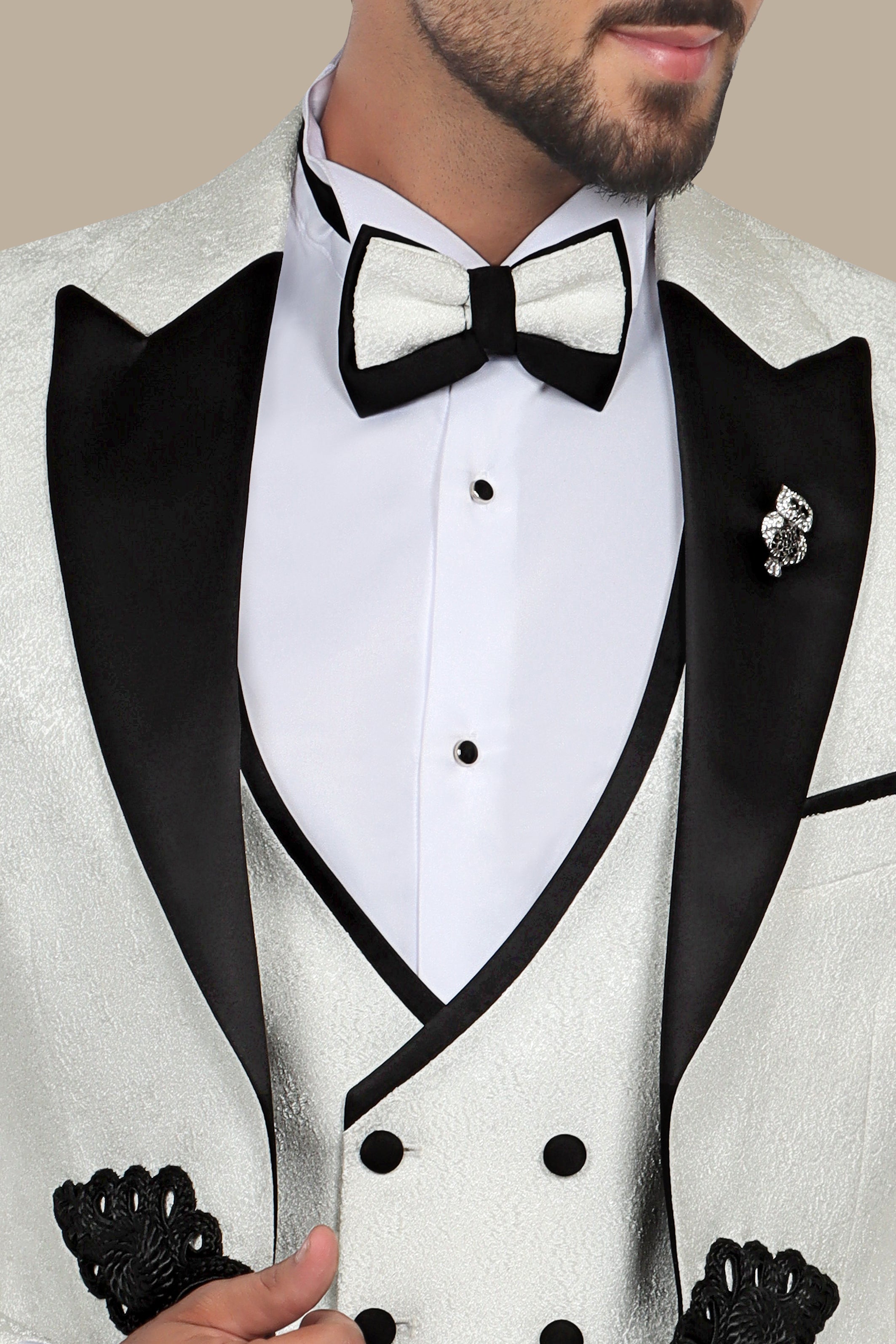 White Jacquard Peak Lapel Tuxedo Set with Crochet Detail