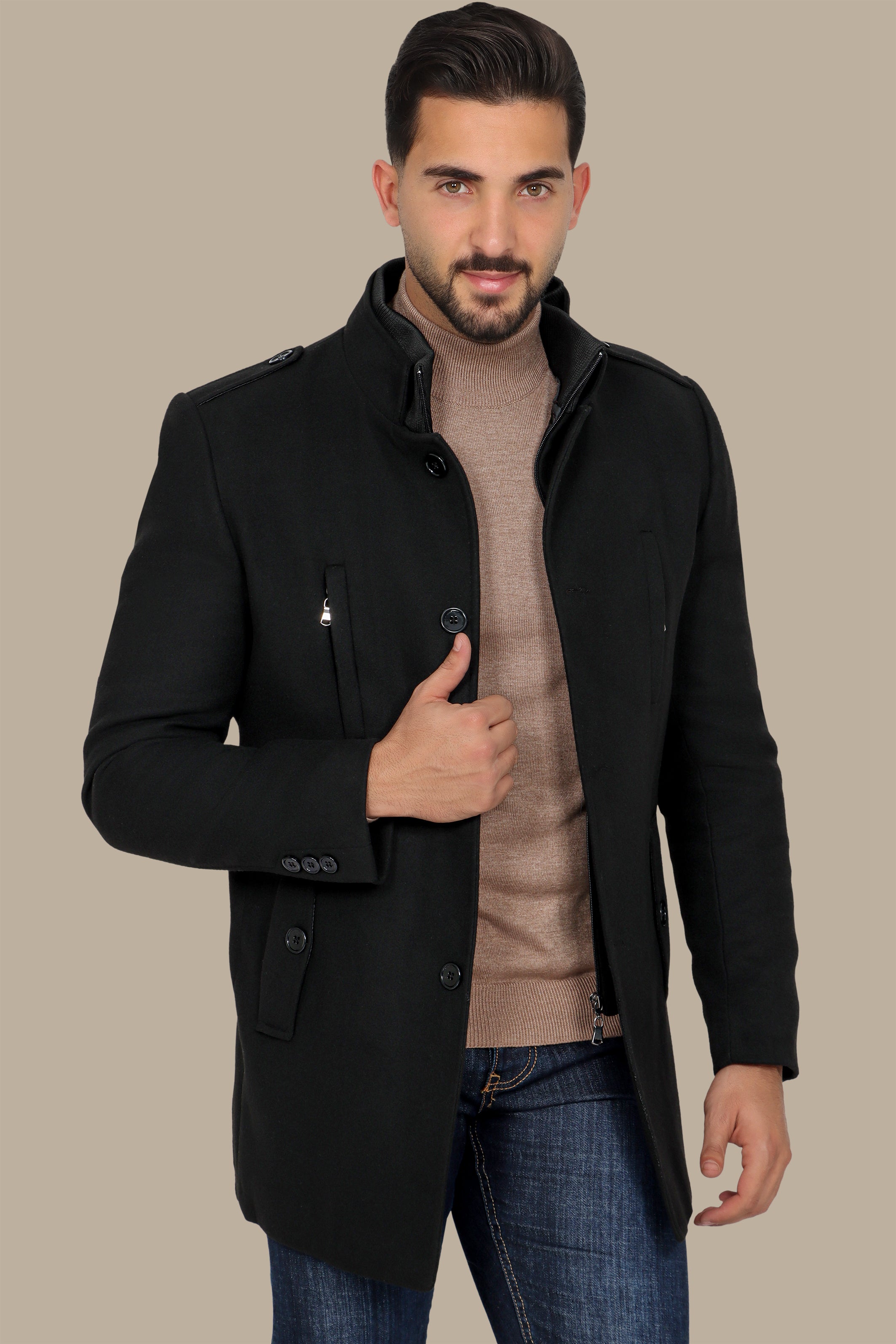 Black Coat with Detachable Mao Collar