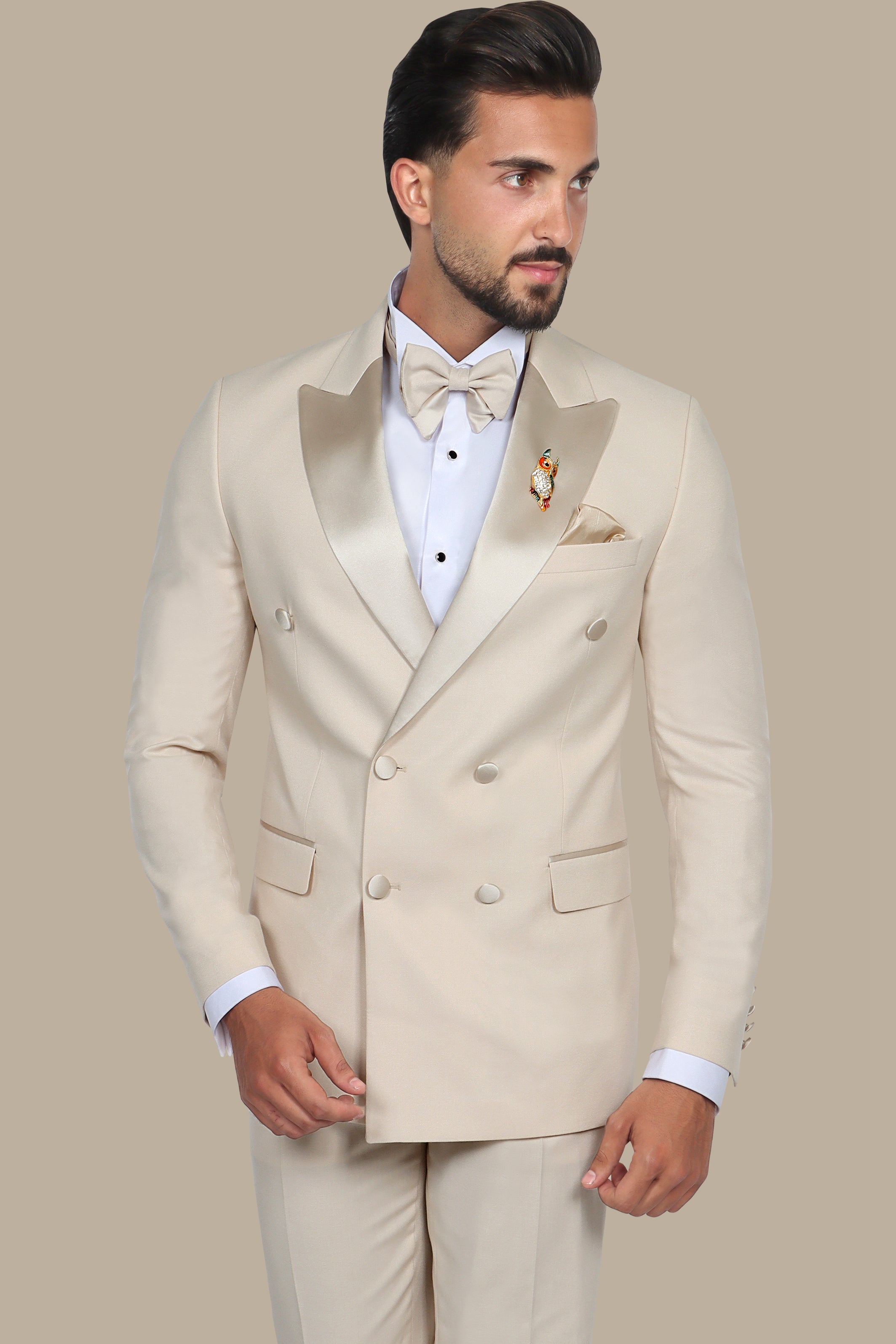 Beige Double Breasted Peak Lapel Tuxedo