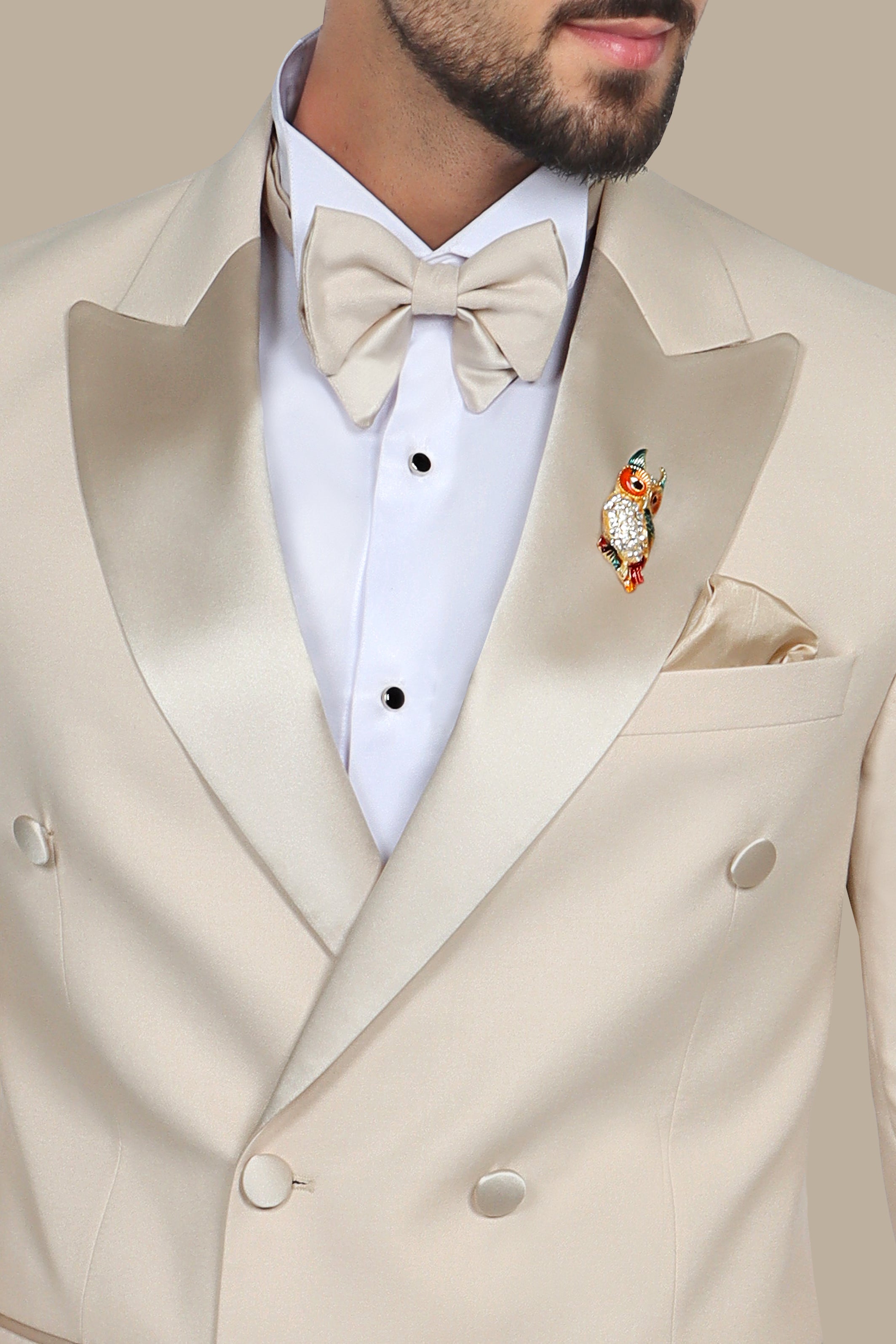 Beige Double Breasted Peak Lapel Tuxedo