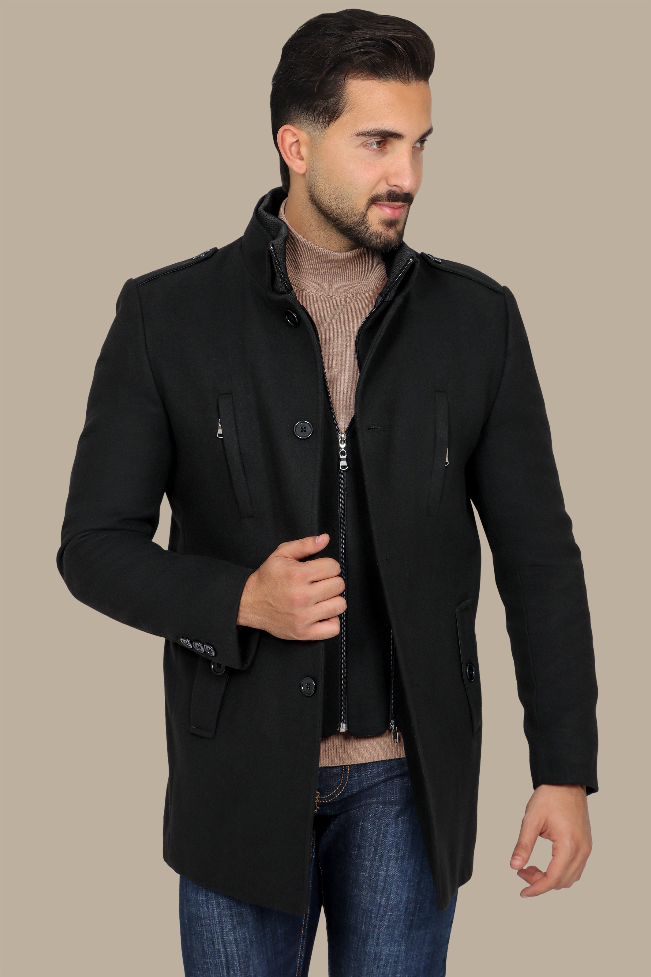 Black Coat with Detachable Mao Collar