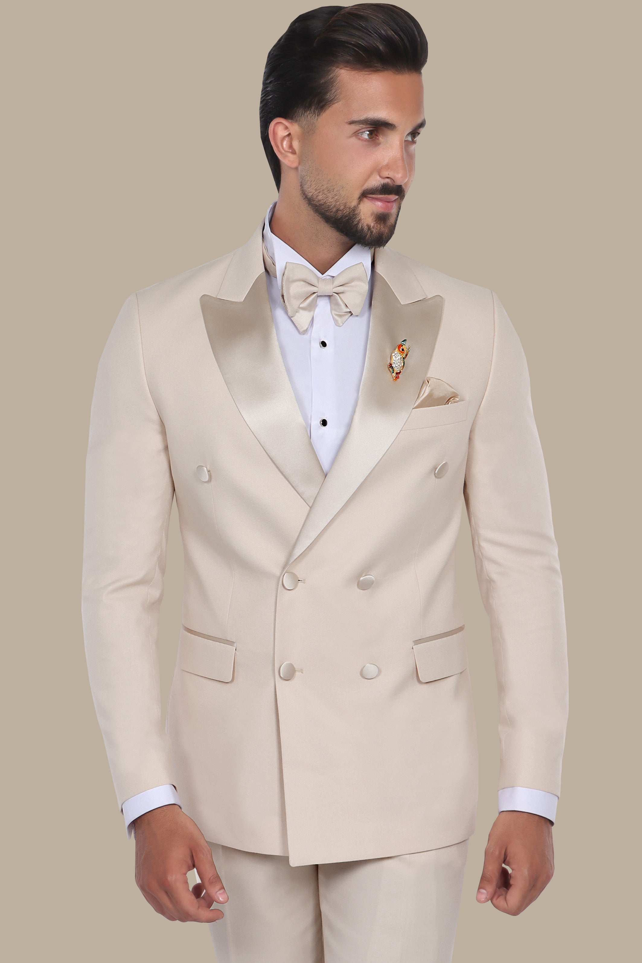 Beige Double Breasted Peak Lapel Tuxedo