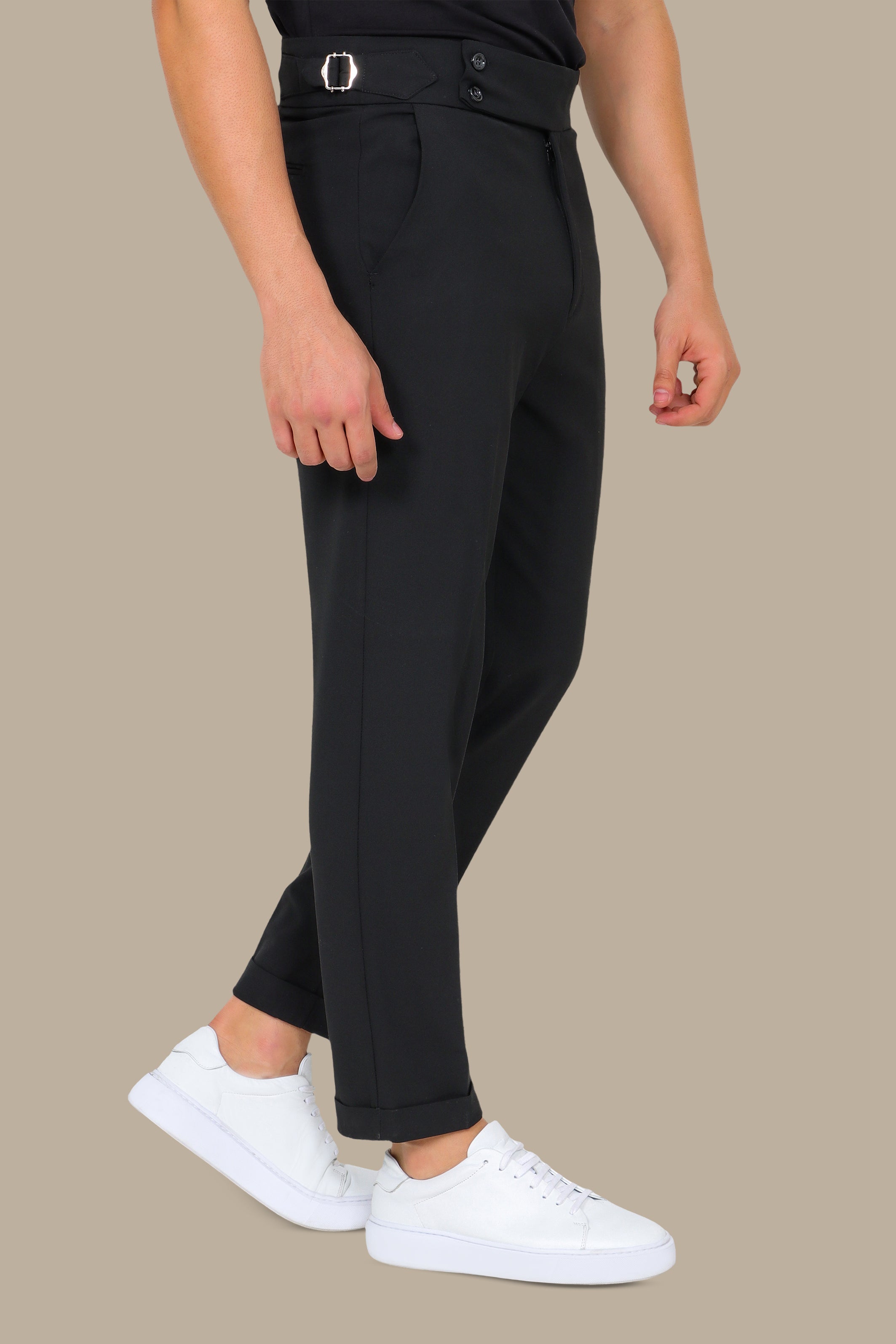 Slim Fit Black Pants with Wide Waist and Double Button