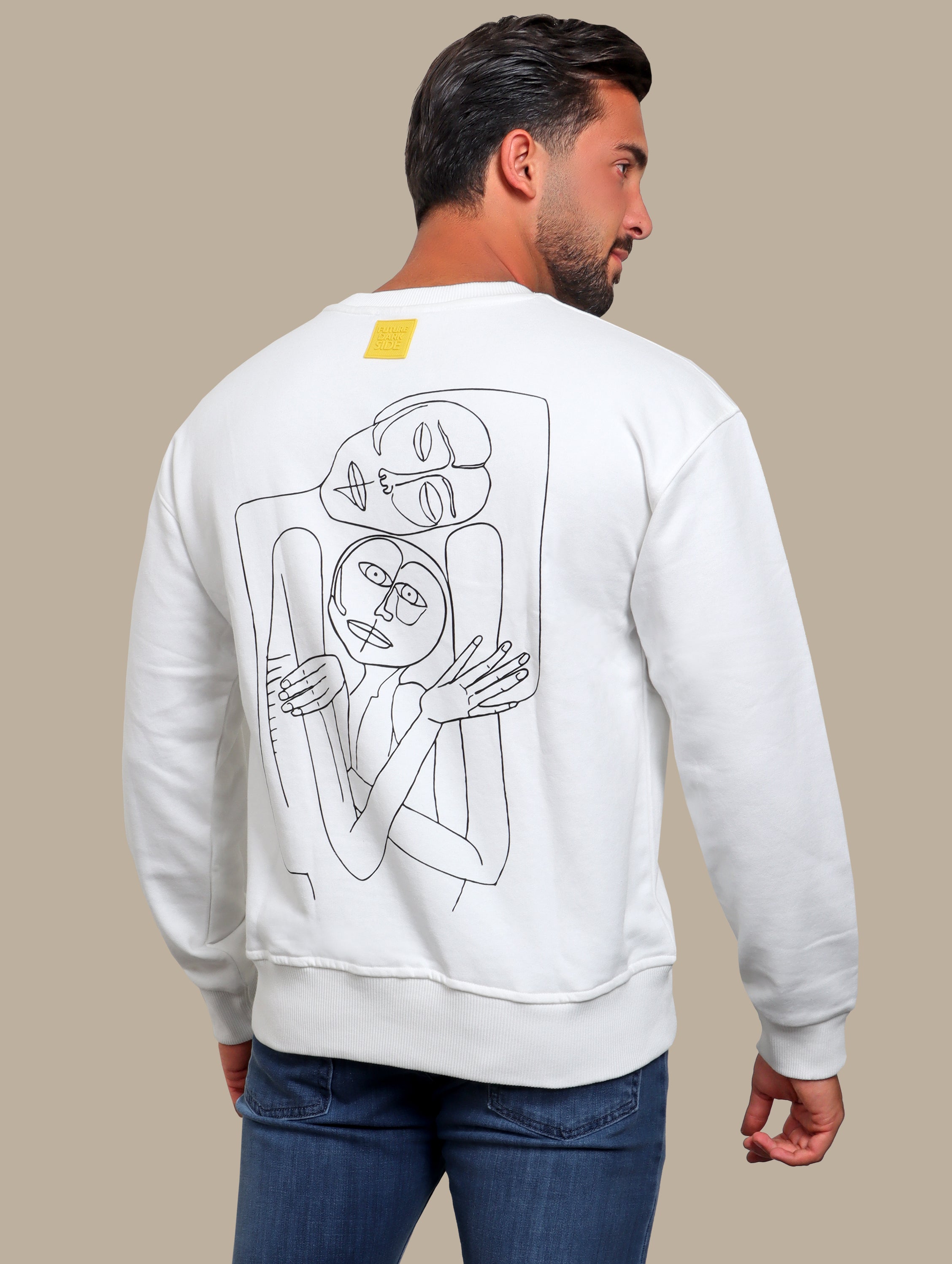 Whimsical Canvas: White Sweatshirt with Back Printed Faces