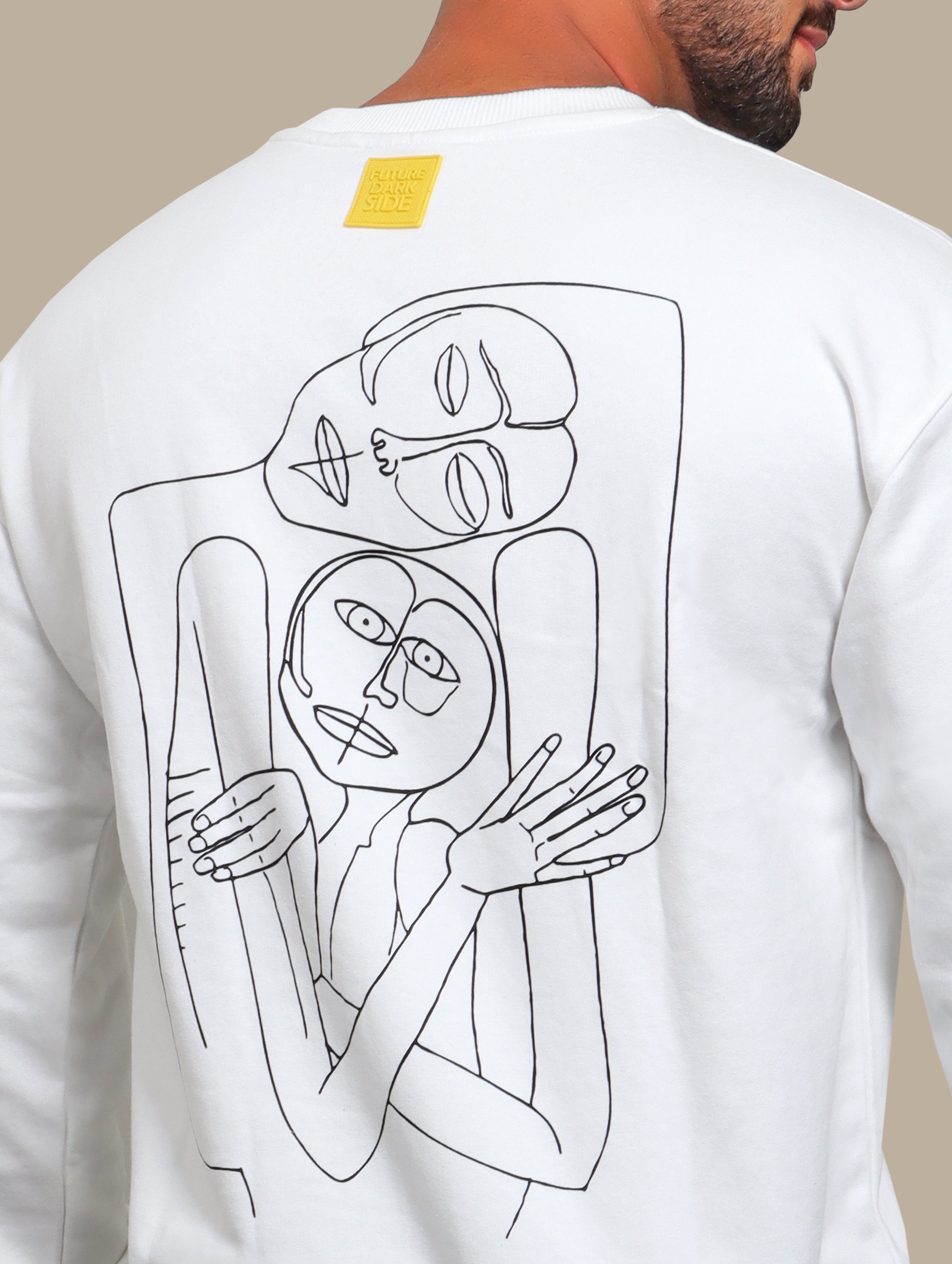 Whimsical Canvas: White Sweatshirt with Back Printed Faces