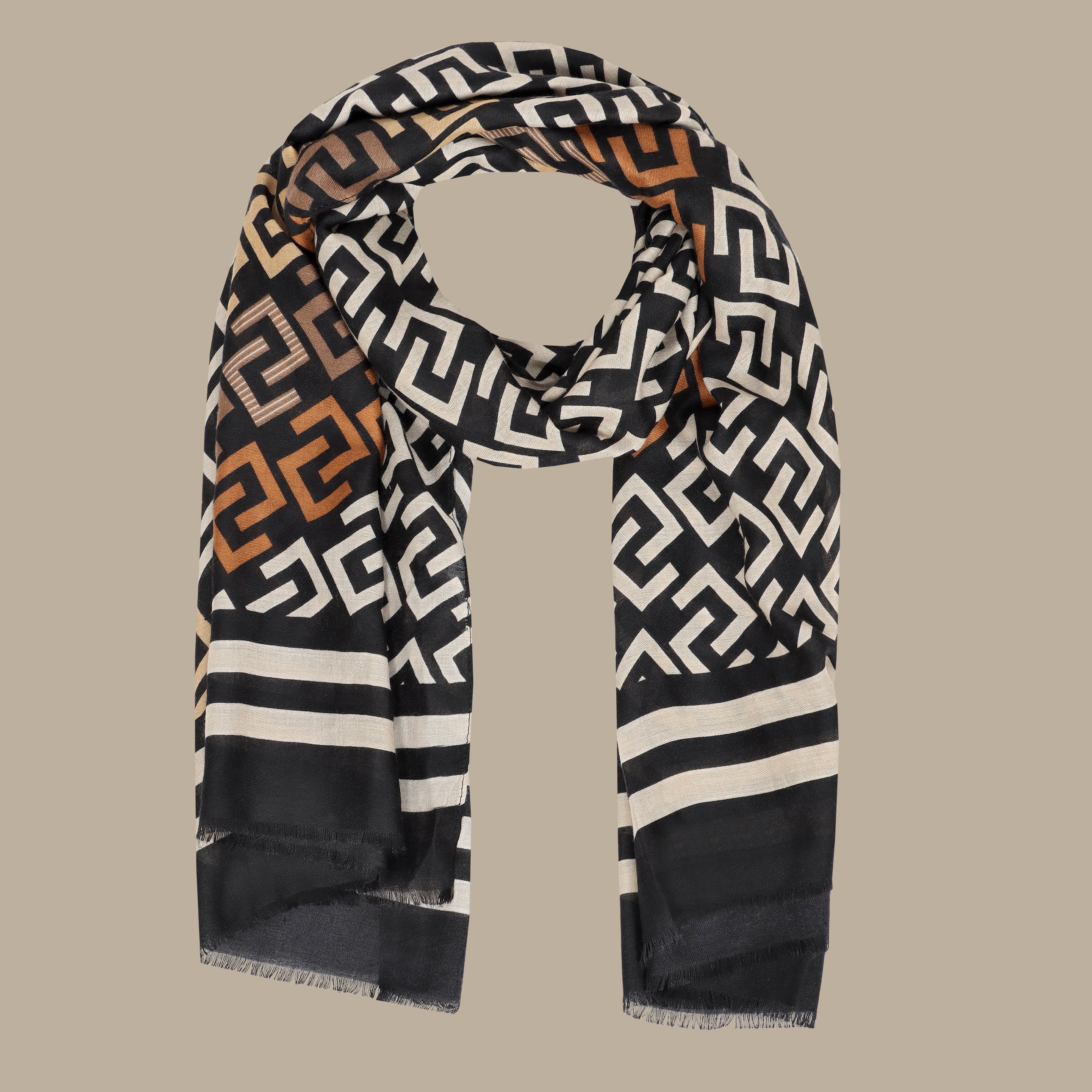 Scarf Geometrical Design with Side Lines Beige