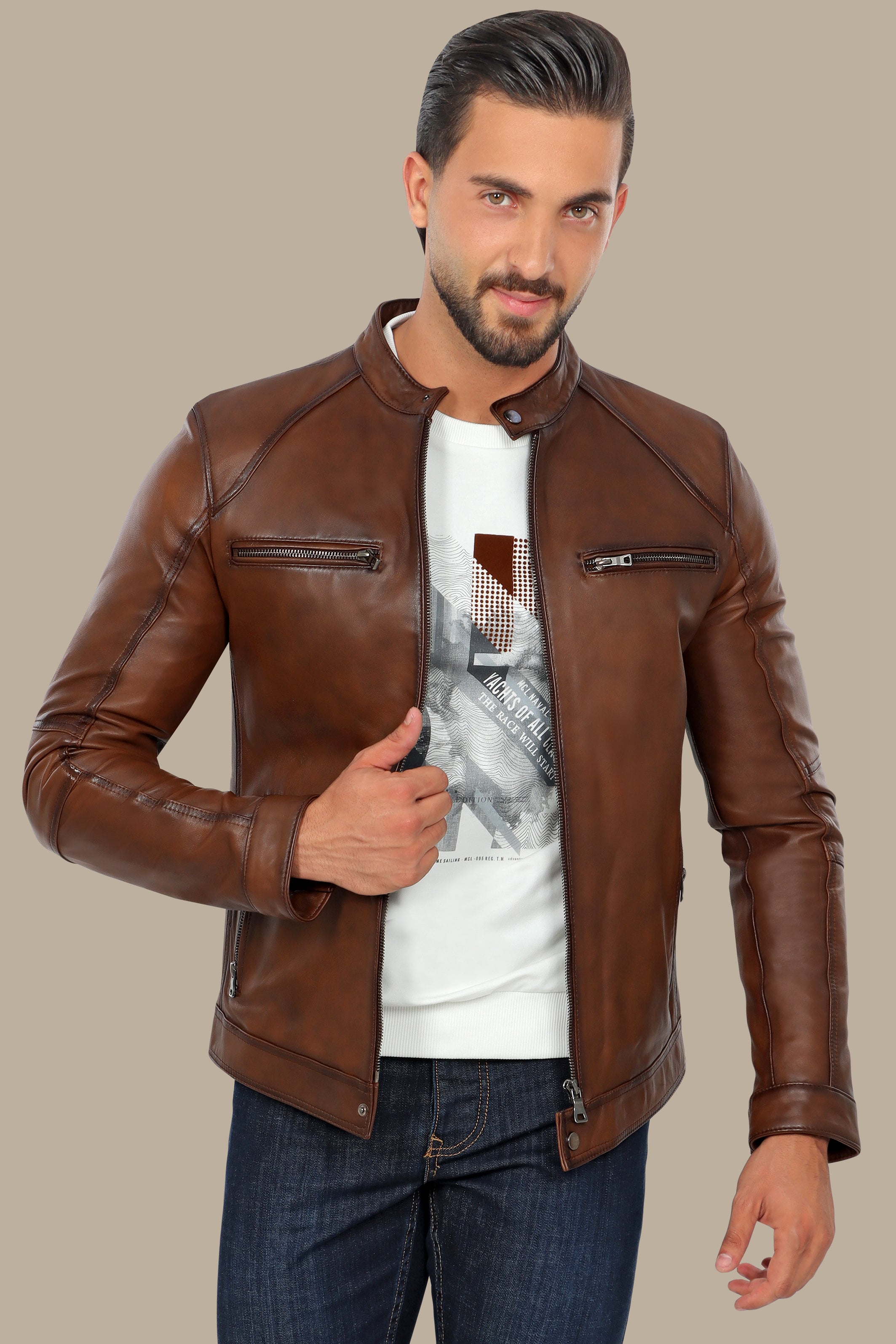 Havane Leather Collar Jacket with Four Zippers