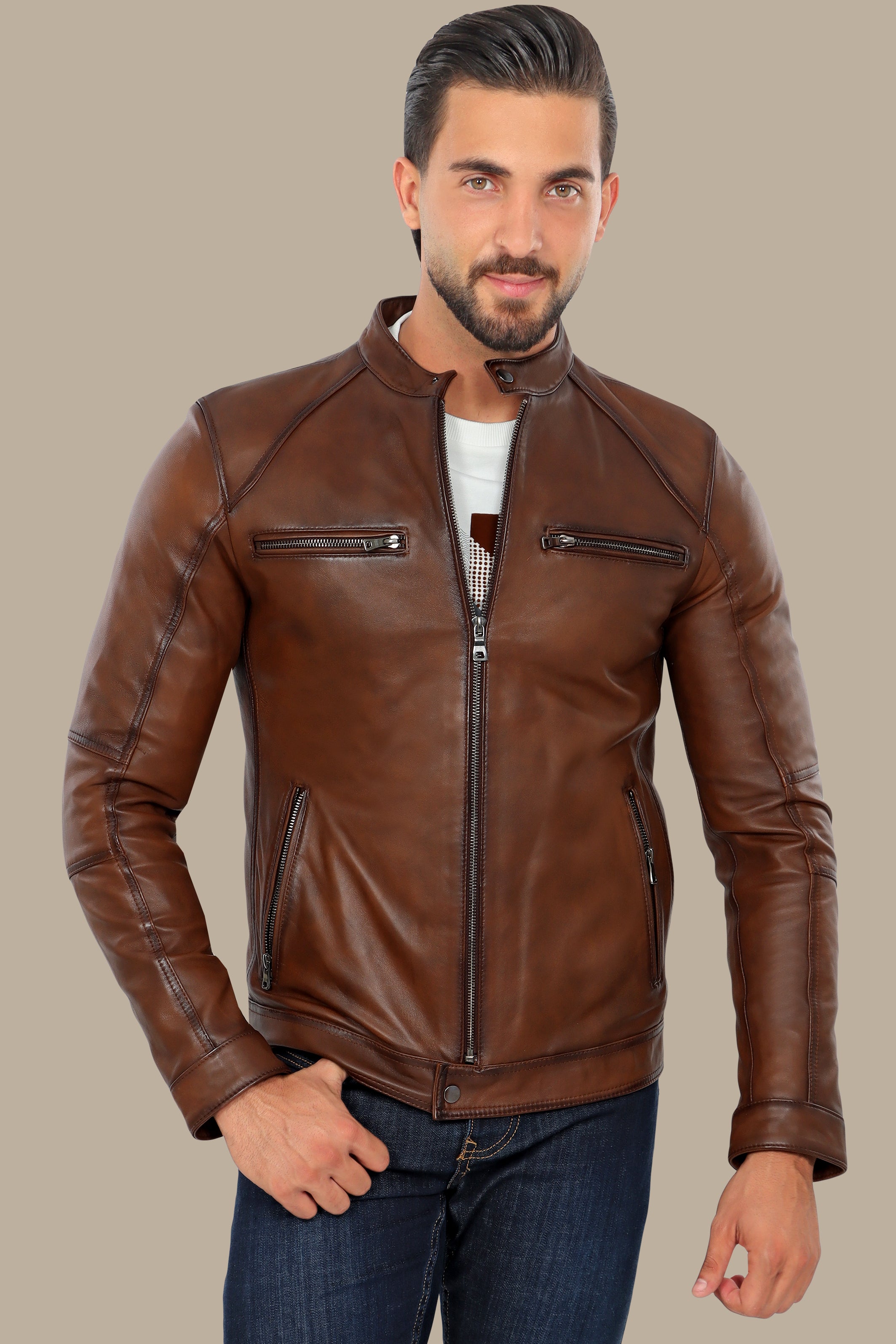 Havane Leather Collar Jacket with Four Zippers