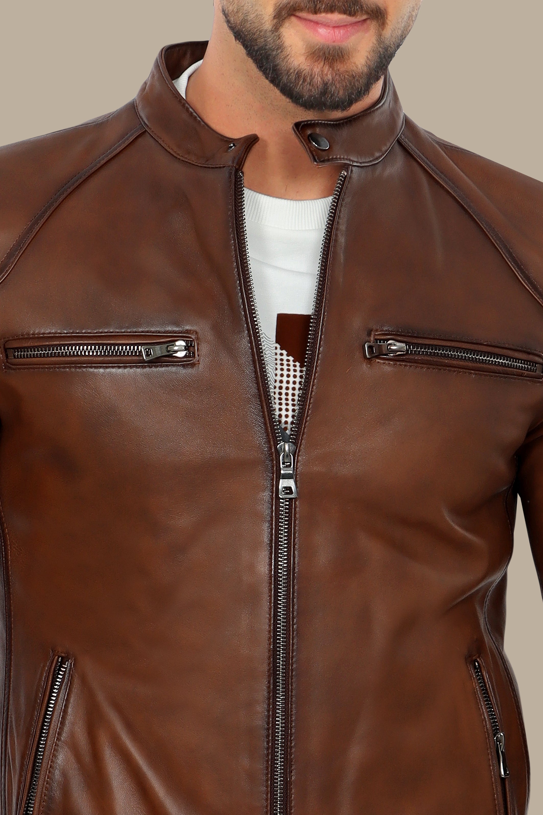 Havane Leather Collar Jacket with Four Zippers