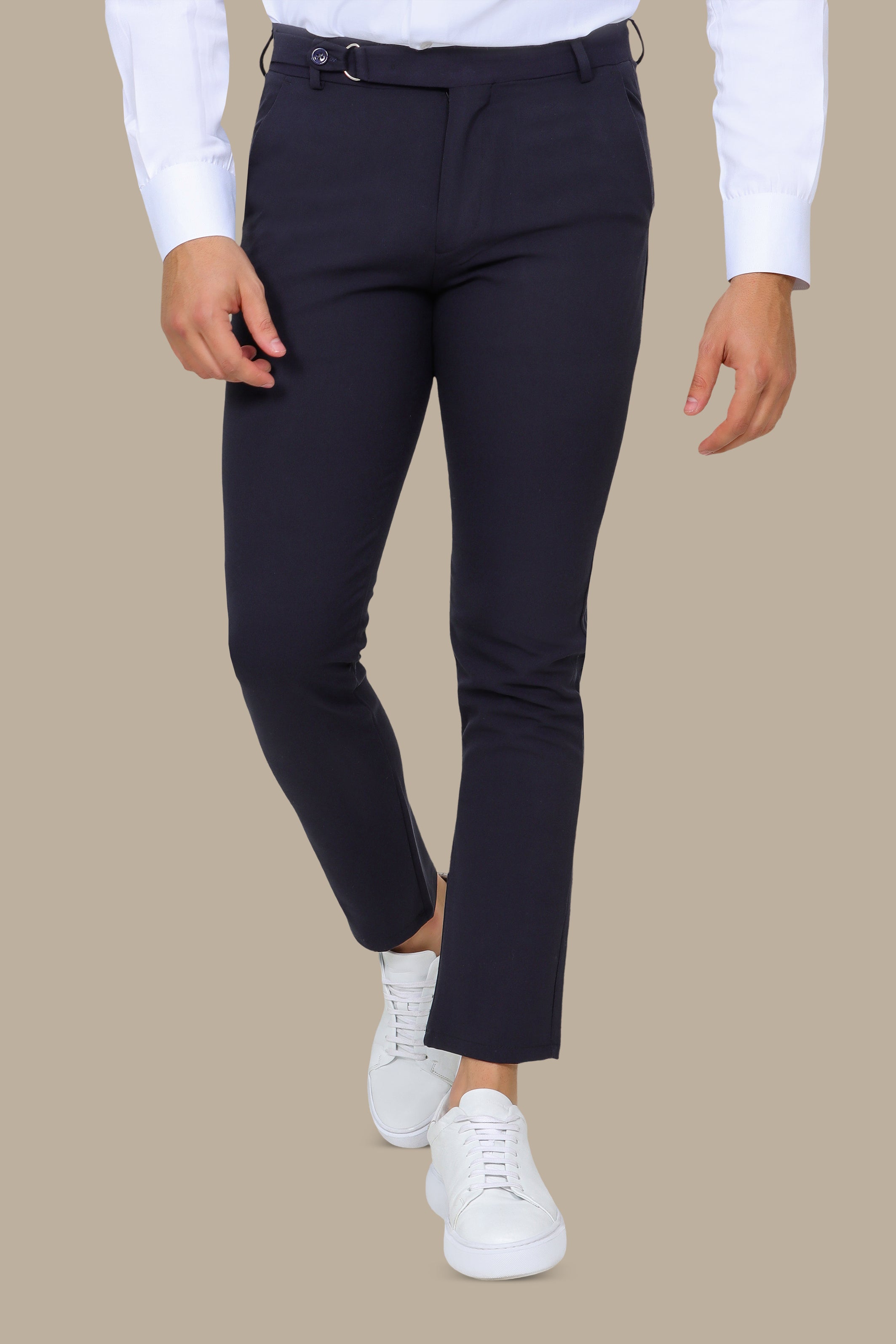 Slim Fit Navy Pants with Side Buttons