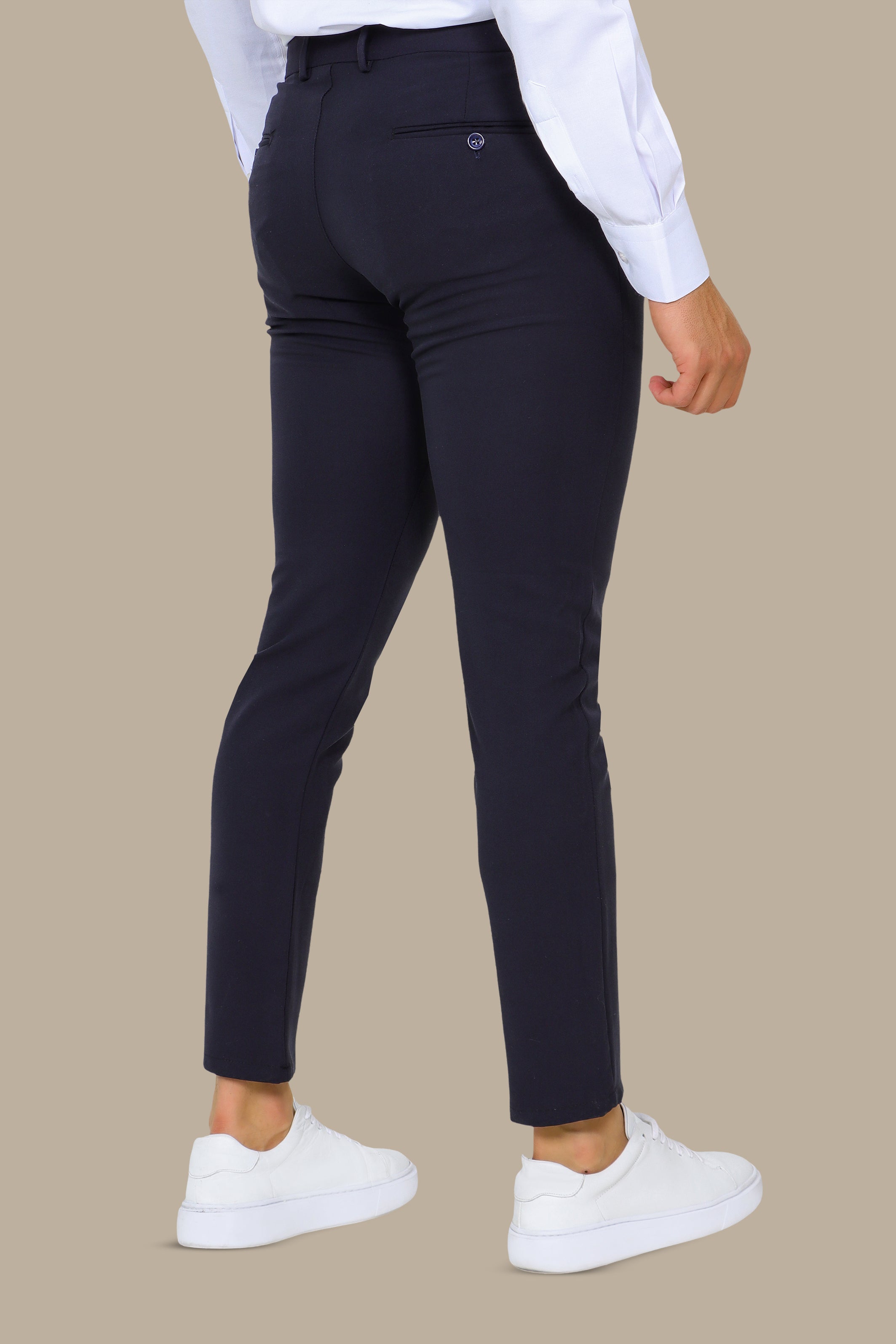 Slim Fit Navy Pants with Side Buttons