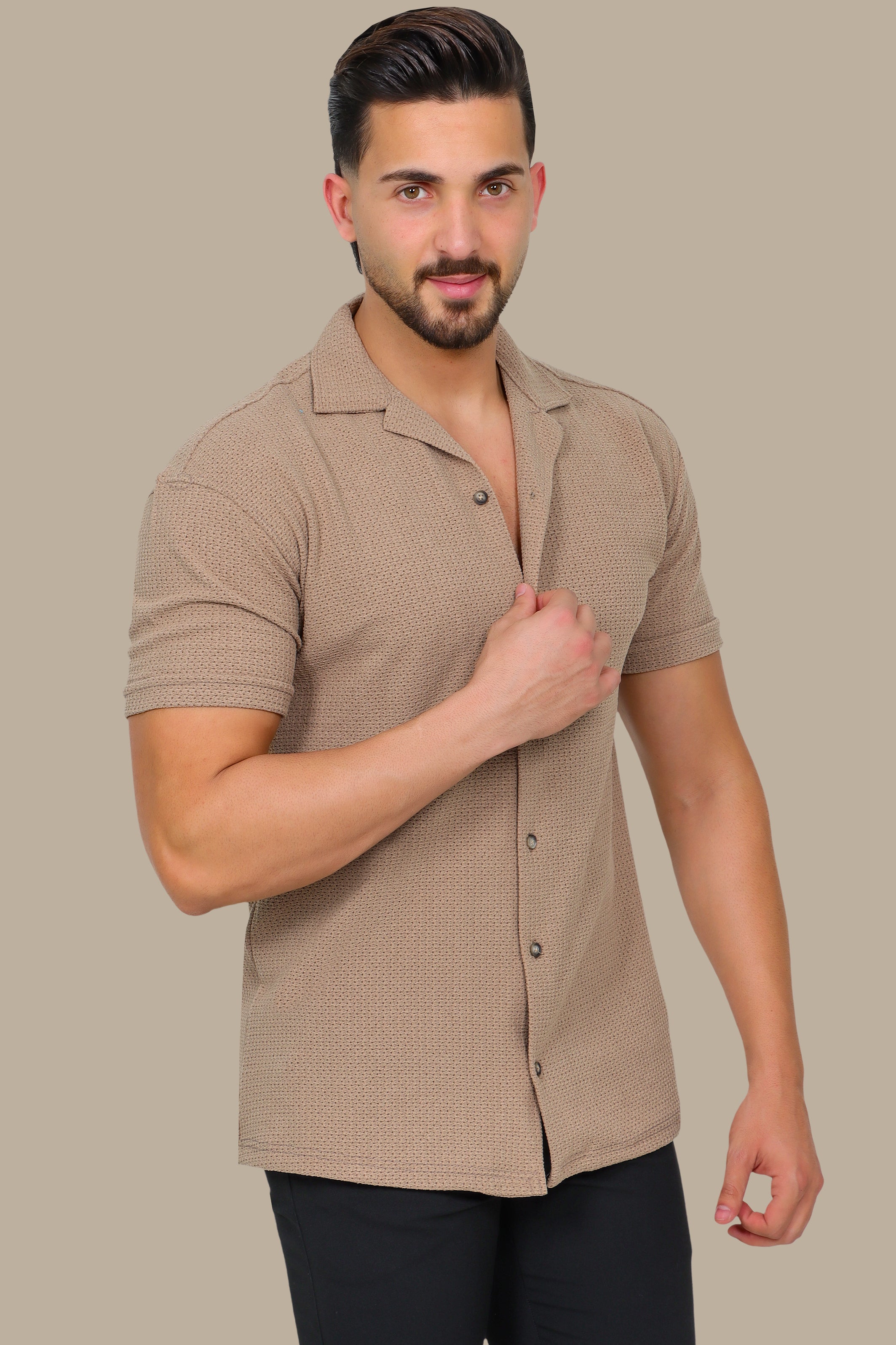 Light Brown Short Sleeve Regular Shirt with Breathable Fabric