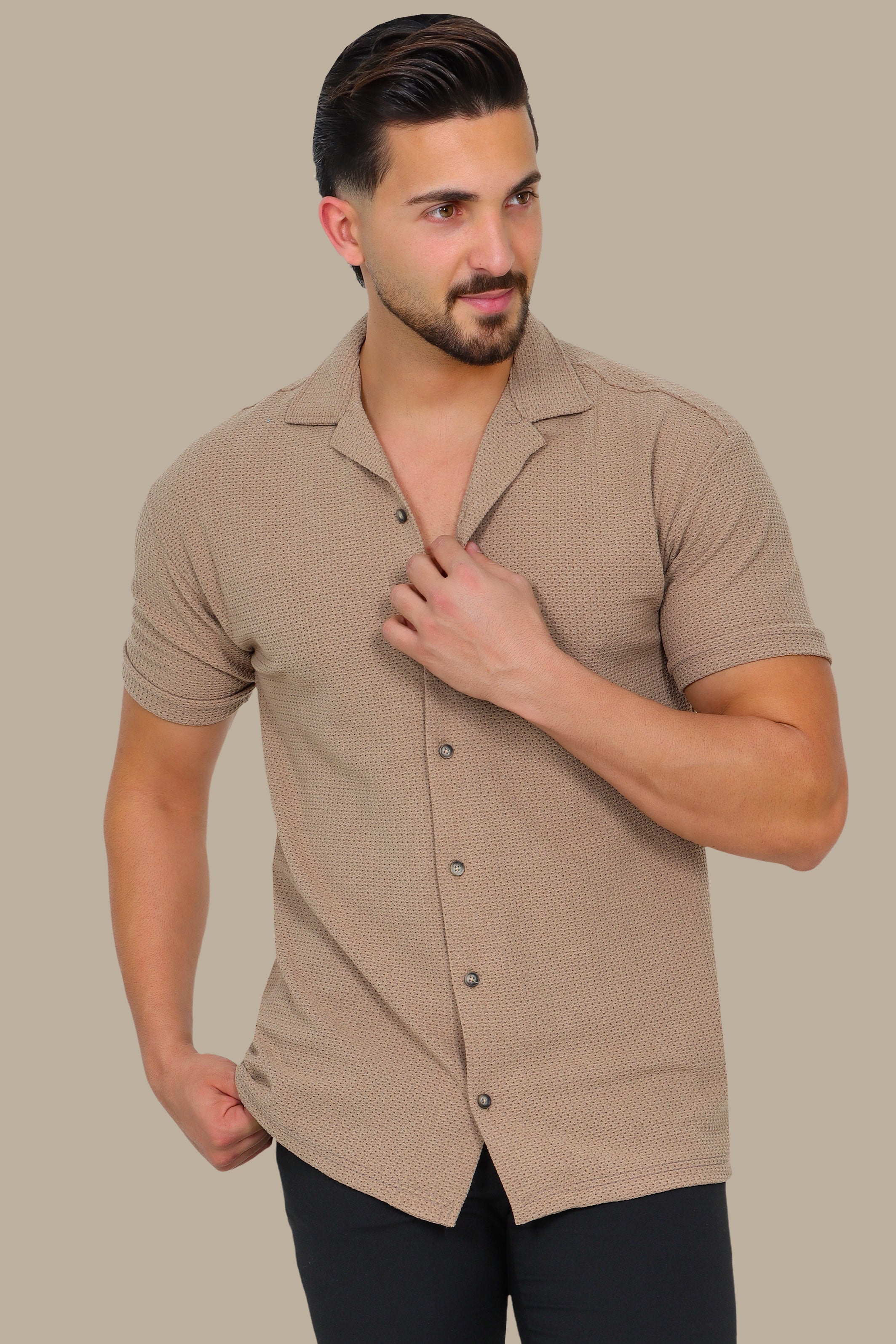 Light Brown Short Sleeve Regular Shirt with Breathable Fabric