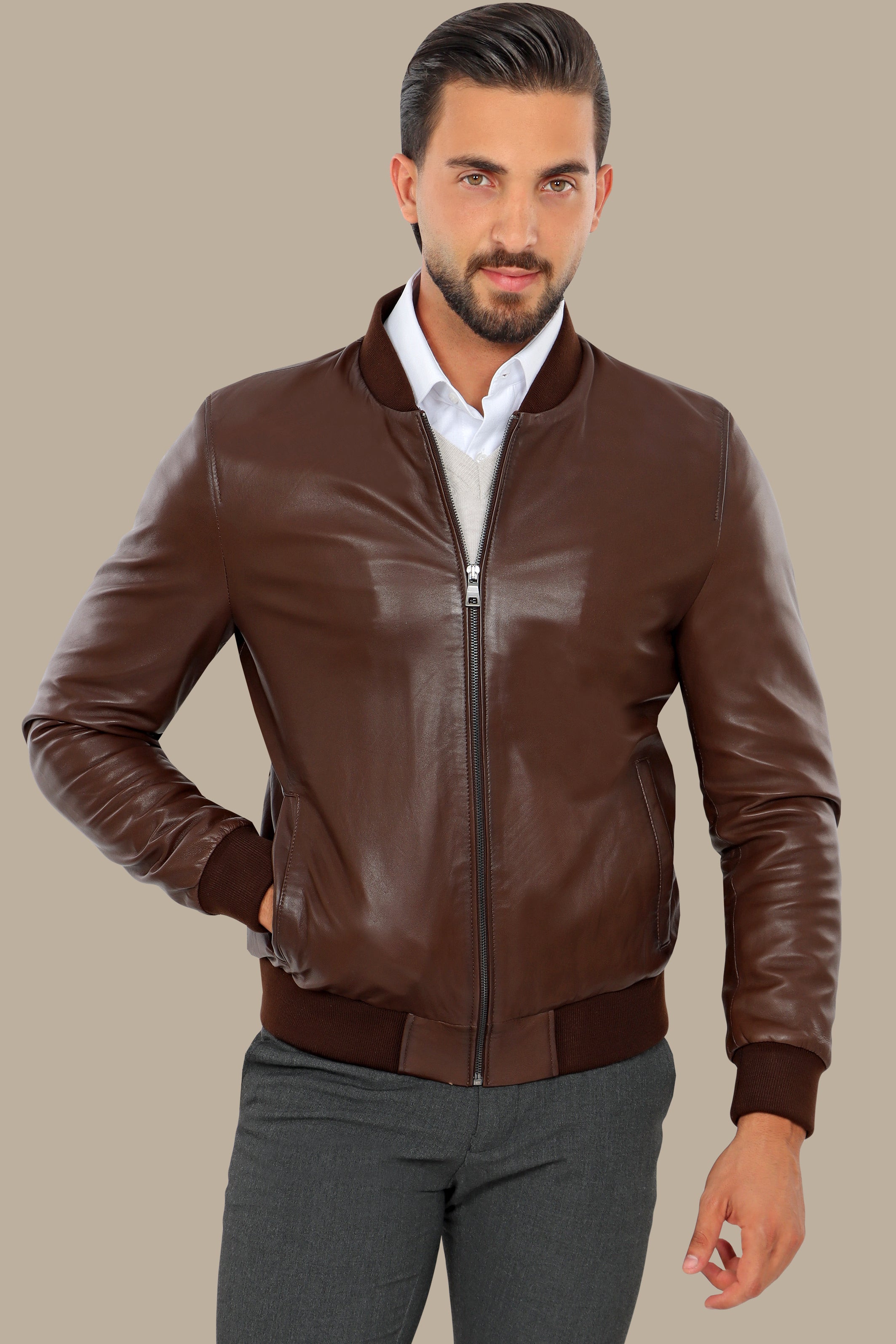 Brown Real Leather Basic Col Mao Jacket