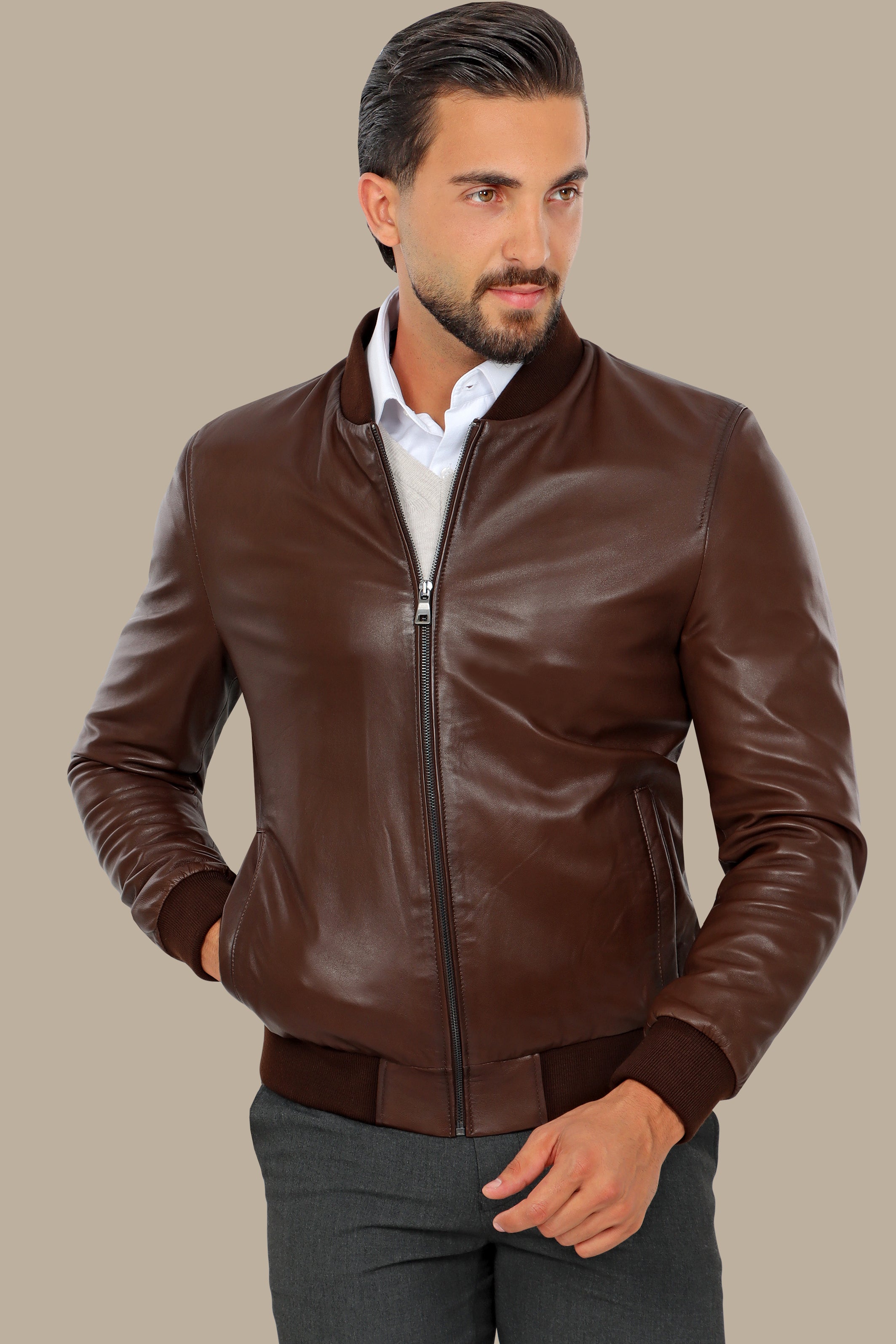 Brown Real Leather Basic Col Mao Jacket