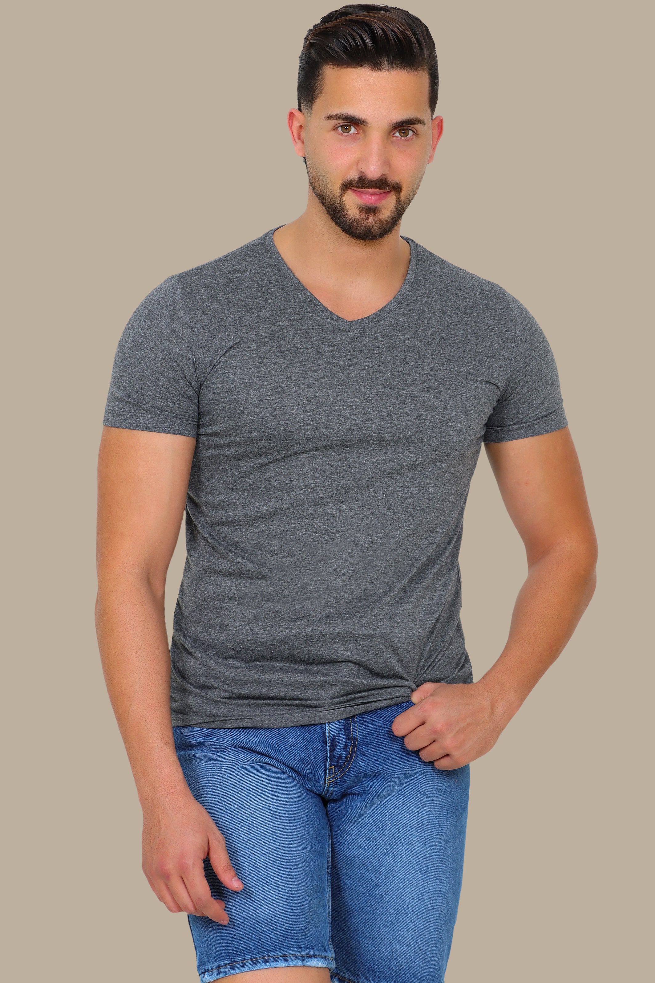 Urban Edge: Dark Grey Delight in Short Sleeve Basic V-Neck
