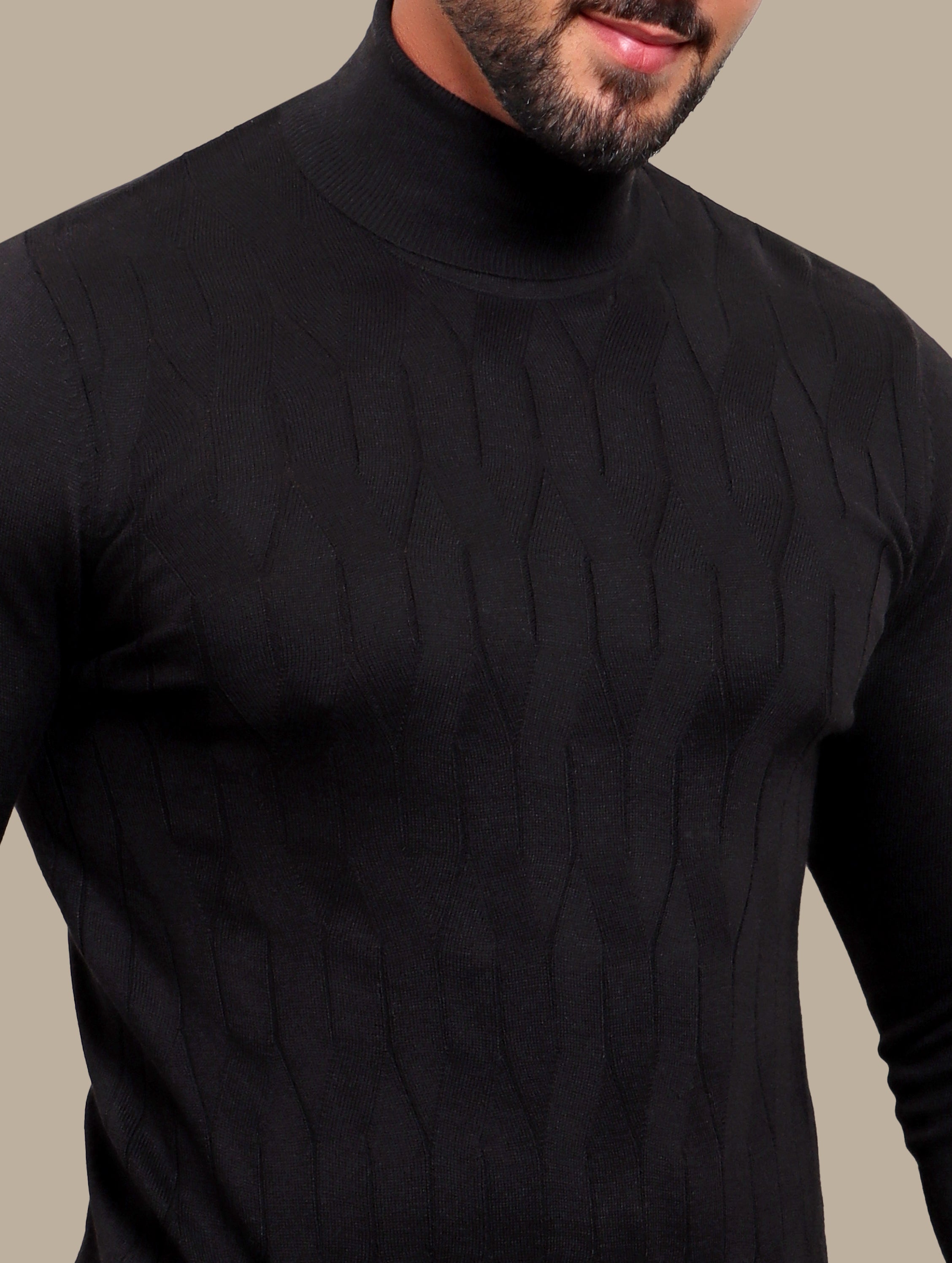 Classic Black Braided Turtleneck Sweater