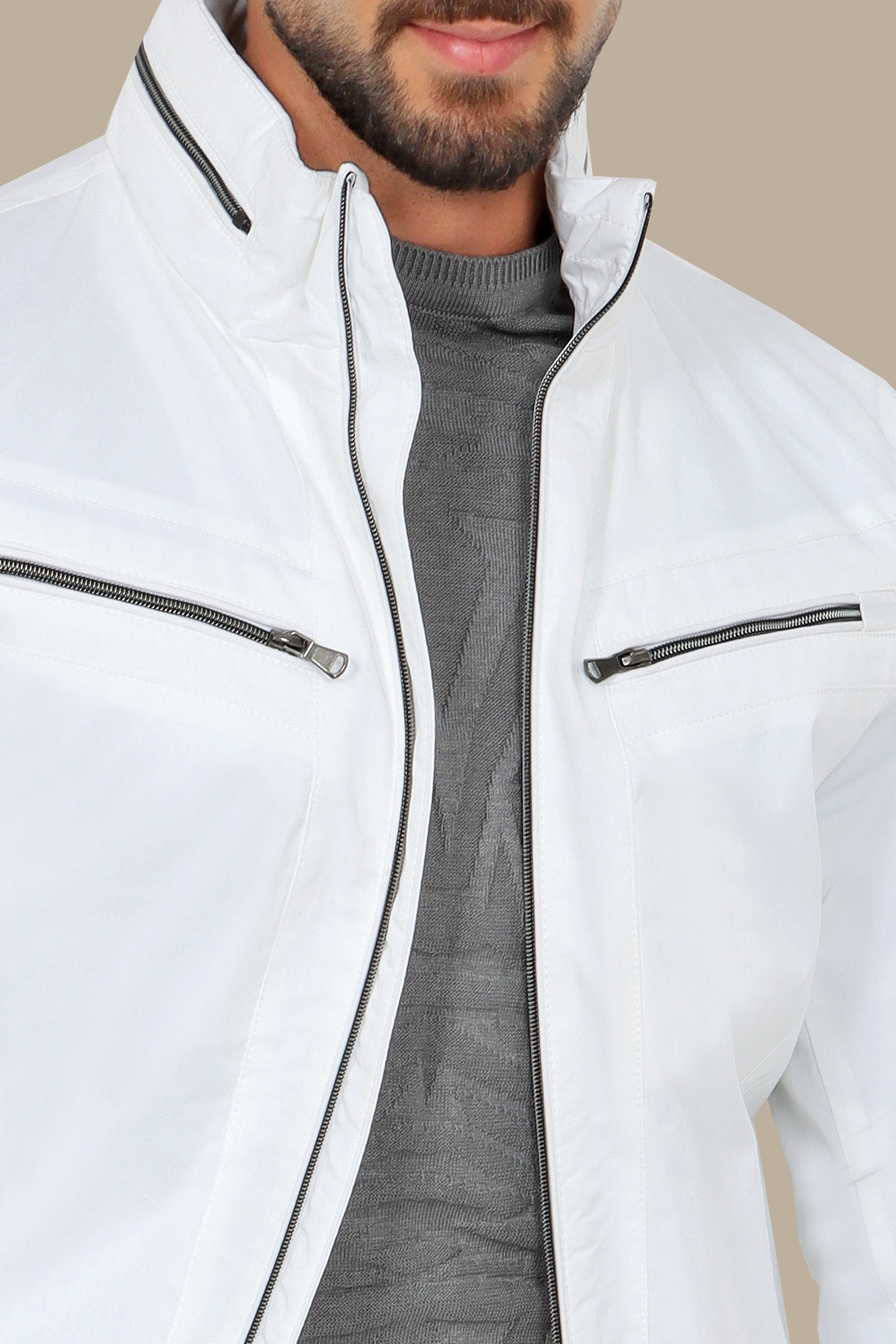 Dual-Zipper White Comfort Jacket: Versatile Style Meets Ultimate Comfort