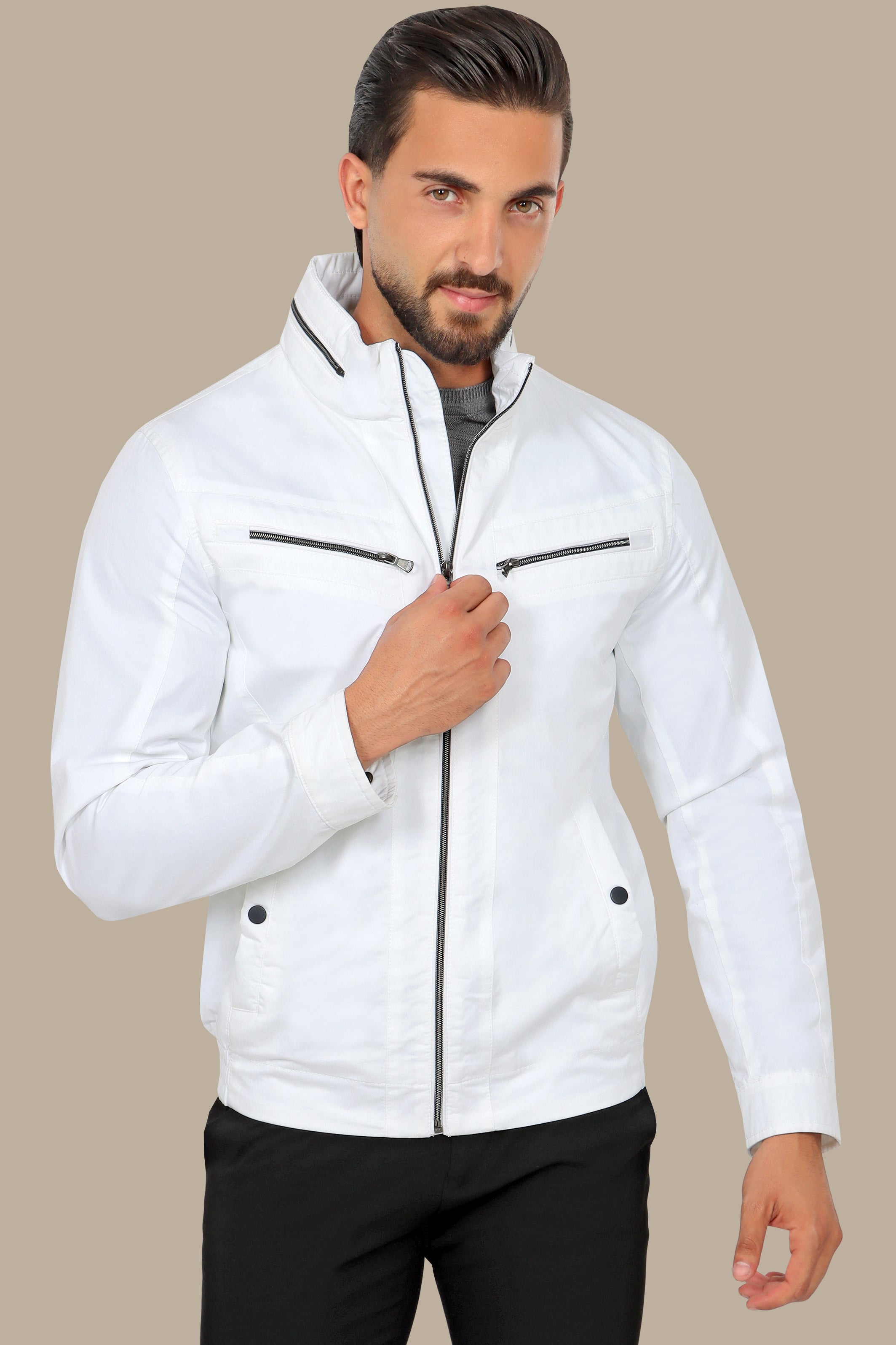 Dual-Zipper White Comfort Jacket: Versatile Style Meets Ultimate Comfort