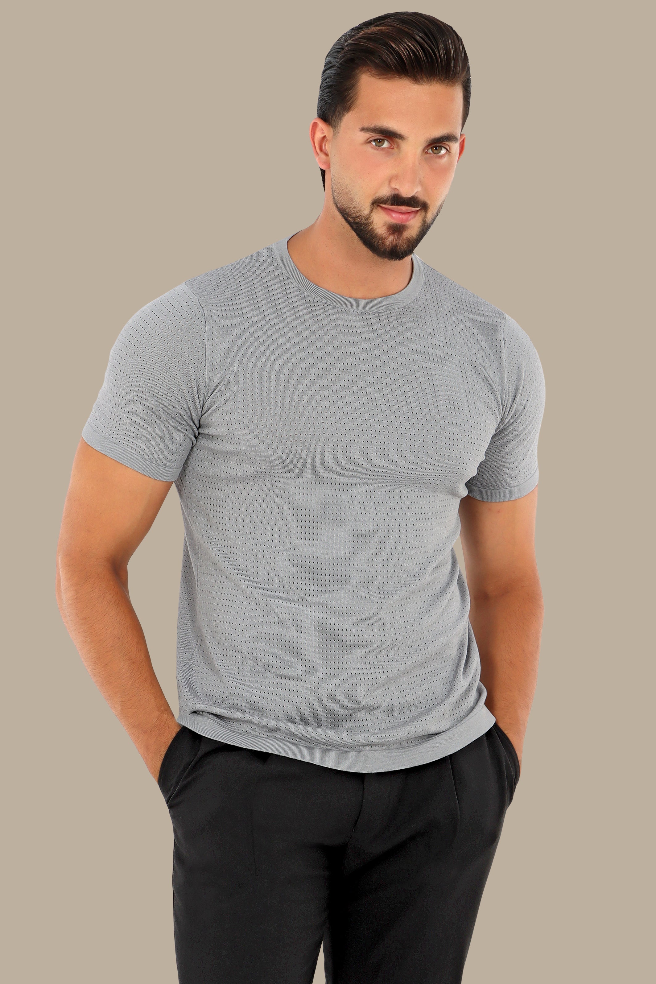 Light Grey Structured Round Neck T-Shirt