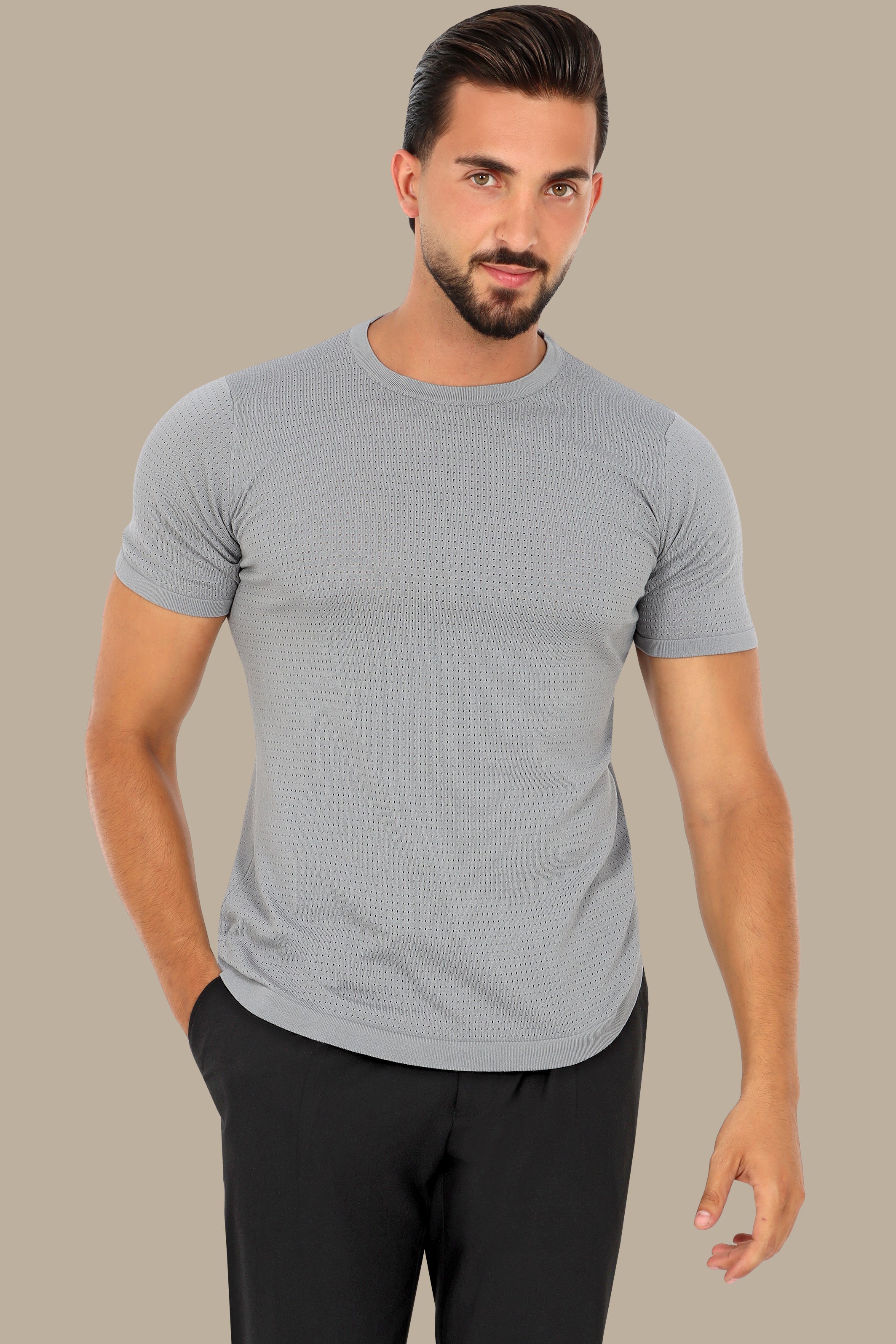 Light Grey Structured Round Neck T-Shirt