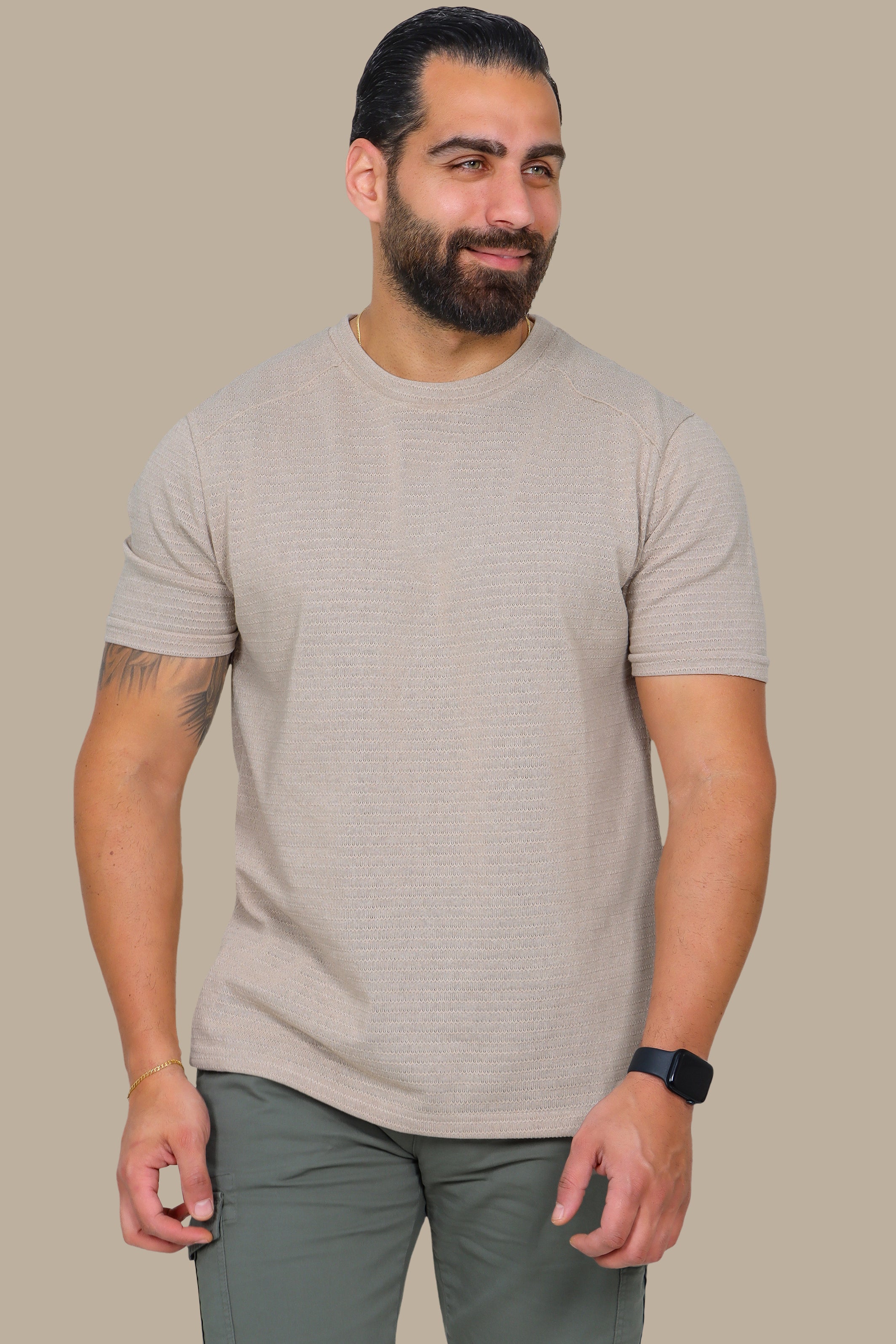 Beige Ribbed T-Shirt with Shoulder Cut
