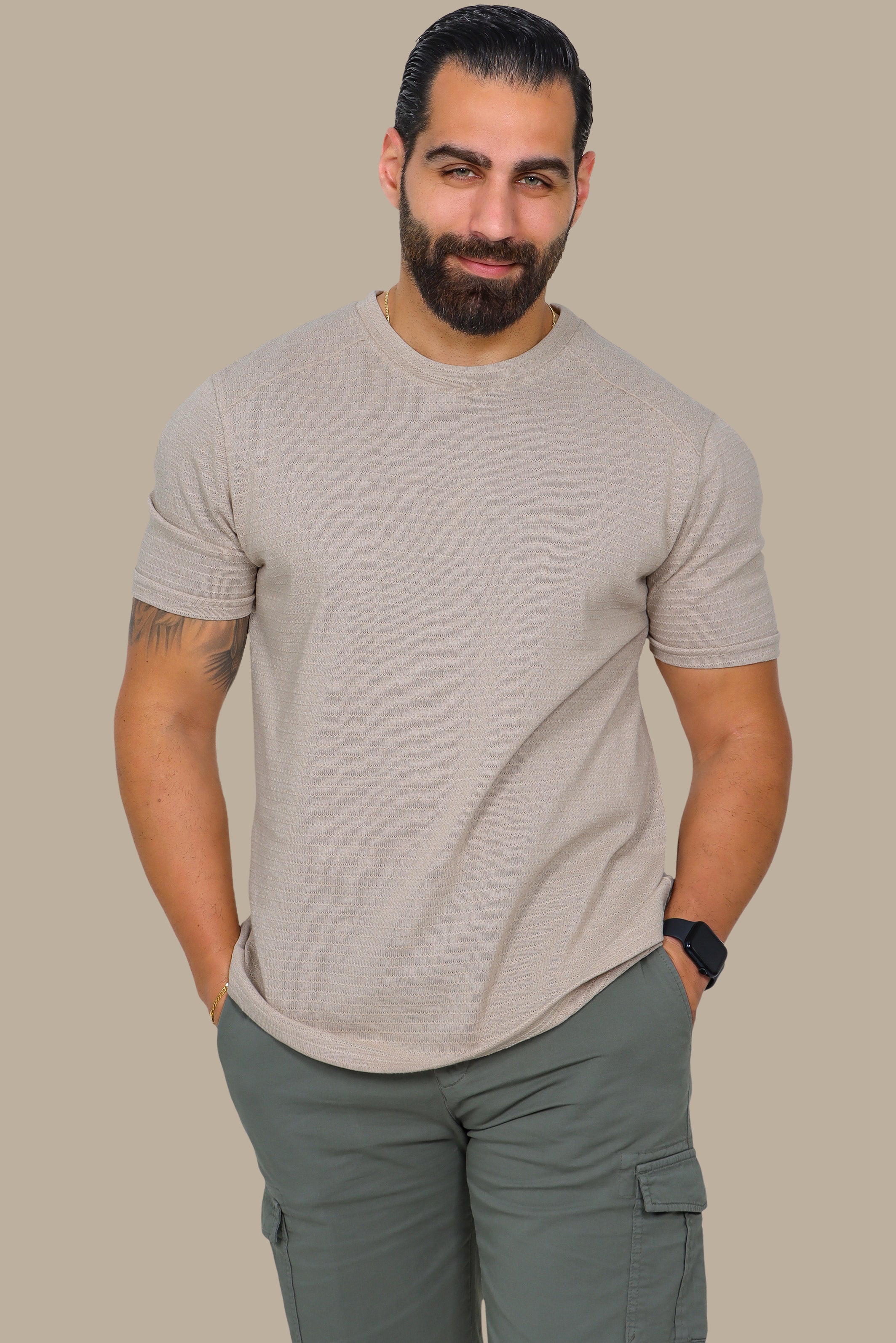 Beige Ribbed T-Shirt with Shoulder Cut