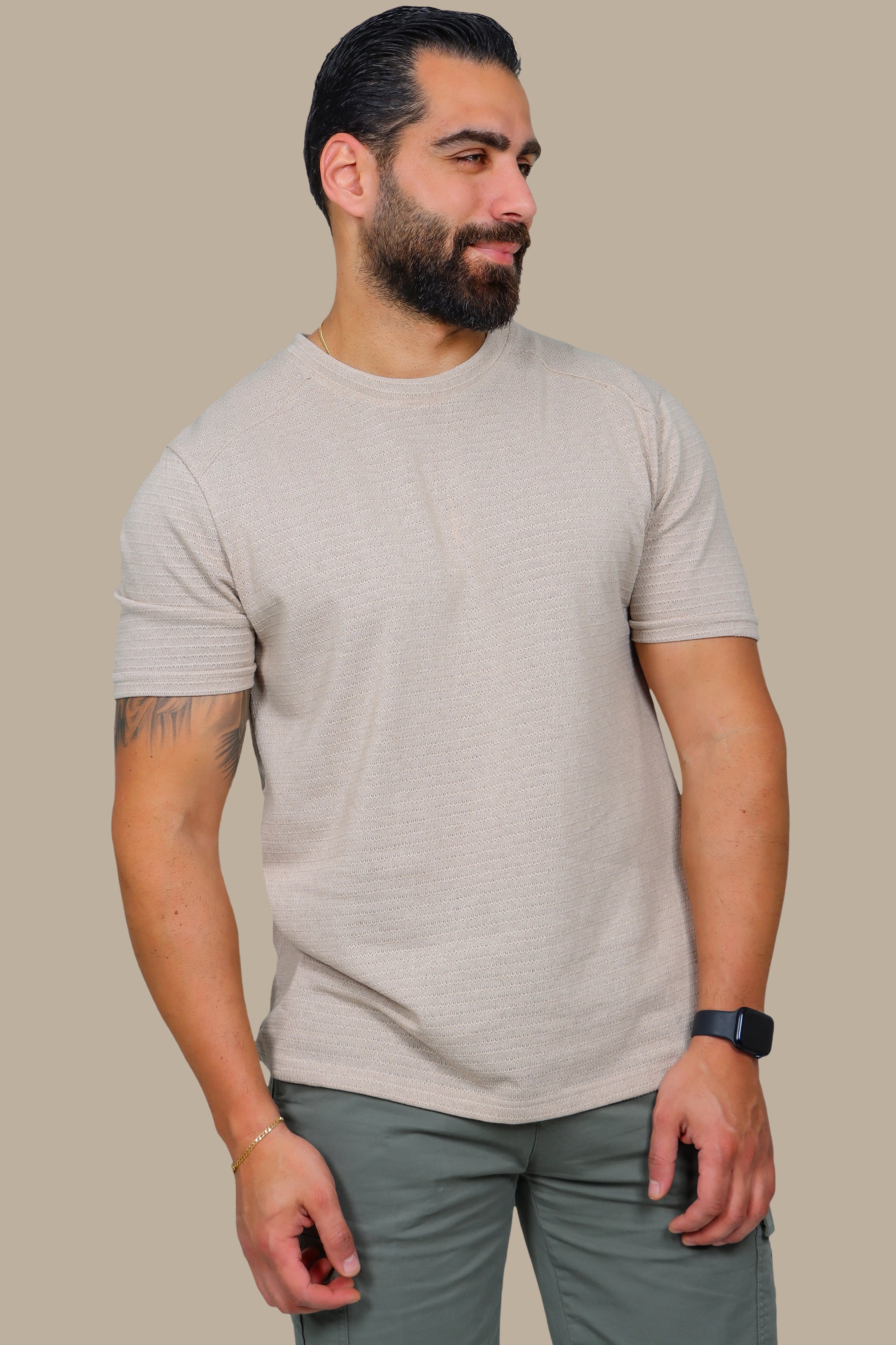 Beige Ribbed T-Shirt with Shoulder Cut