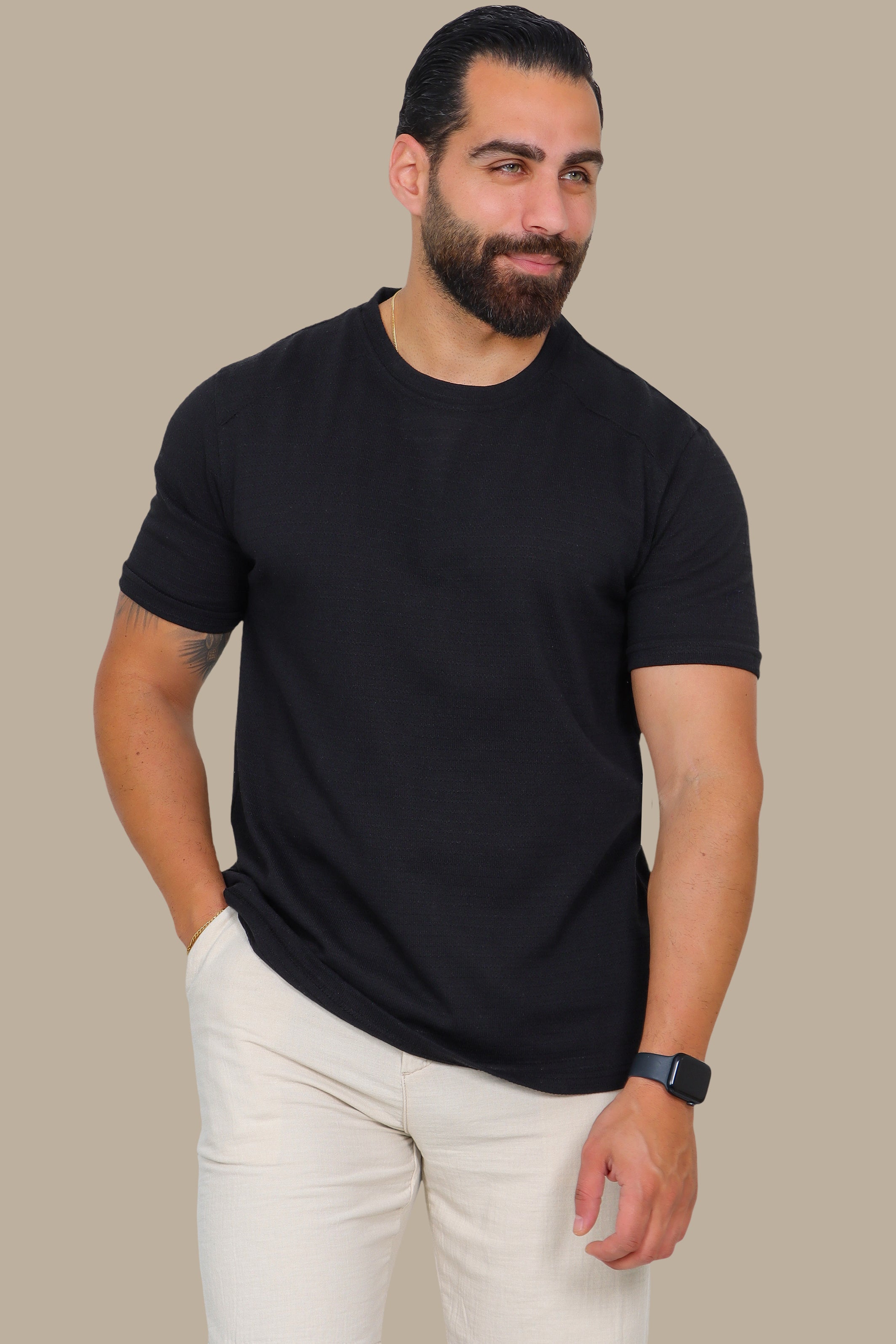 Black Shoulder-Cut Ribbed T-Shirt