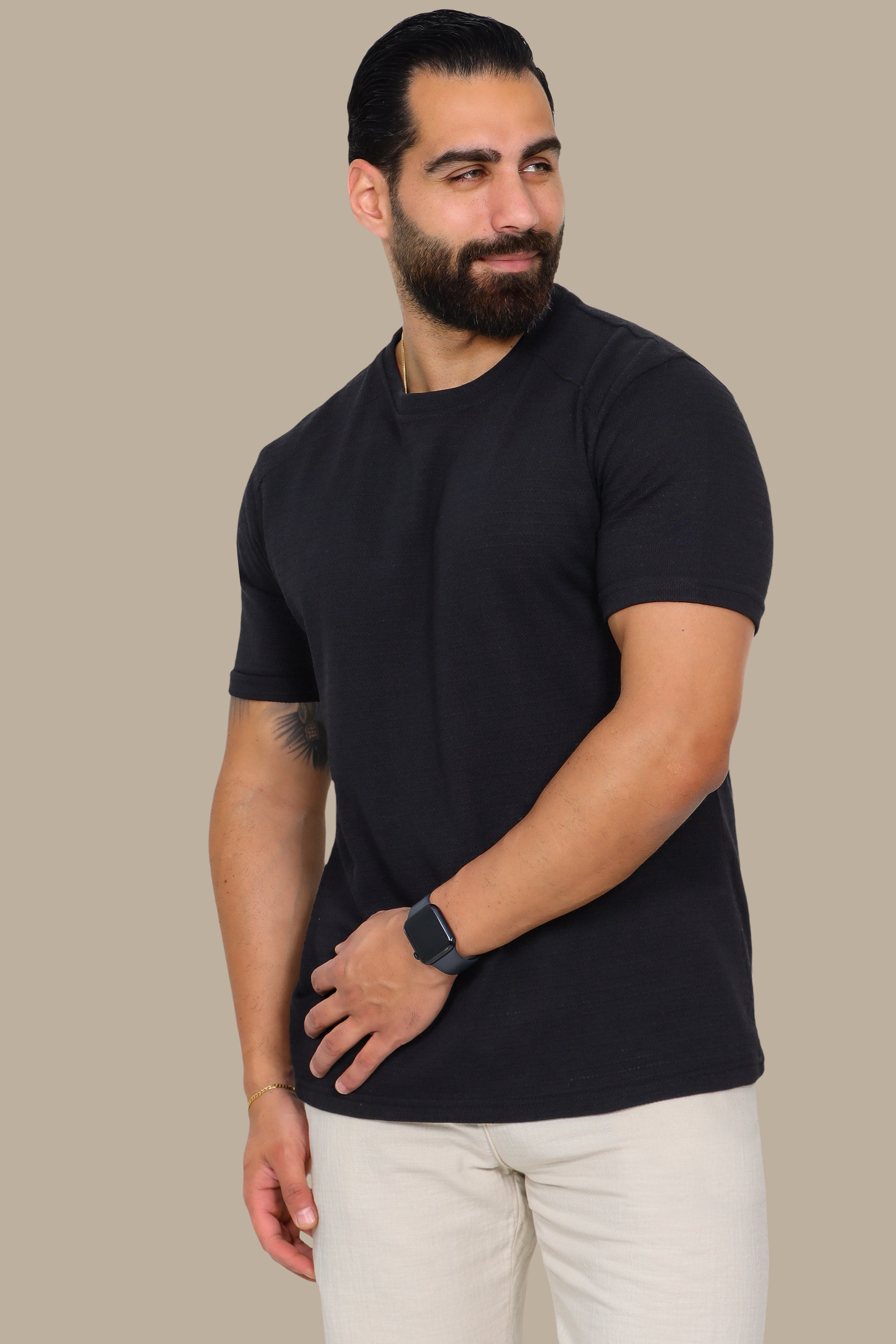 Black Shoulder-Cut Ribbed T-Shirt