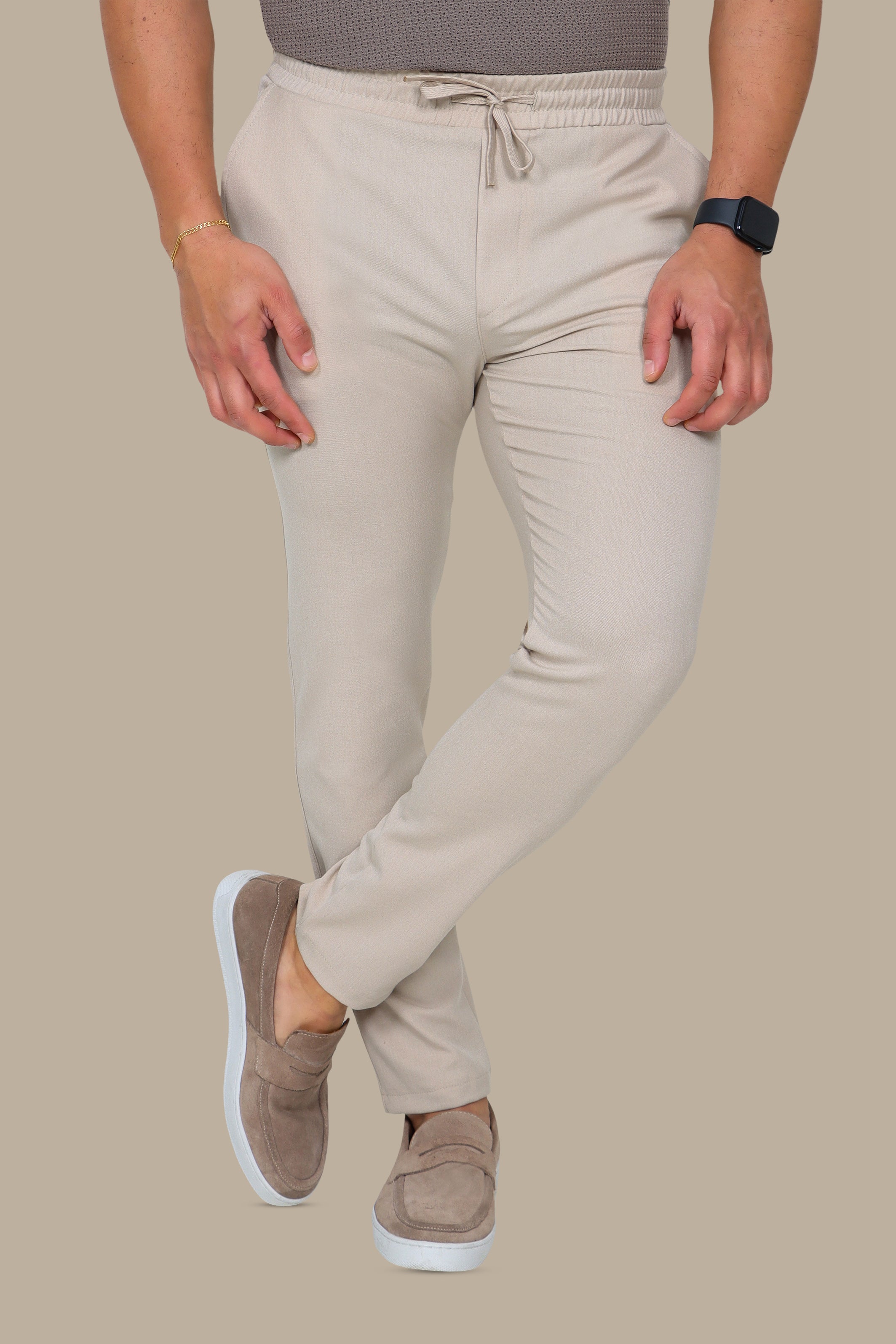 Beige Regular-Cut Fashion Trousers with Lycra