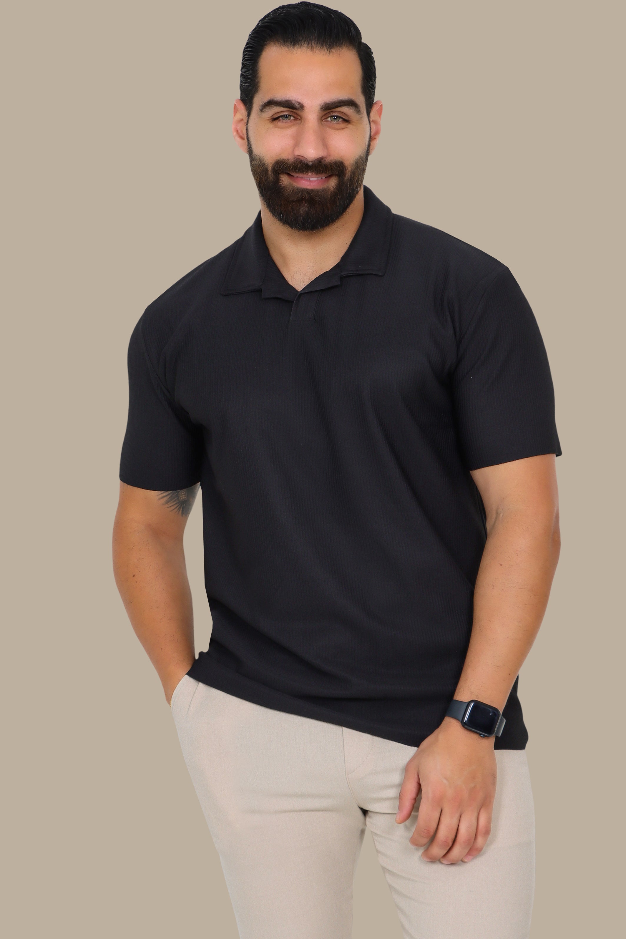 Black Ribbed Lycra Polo