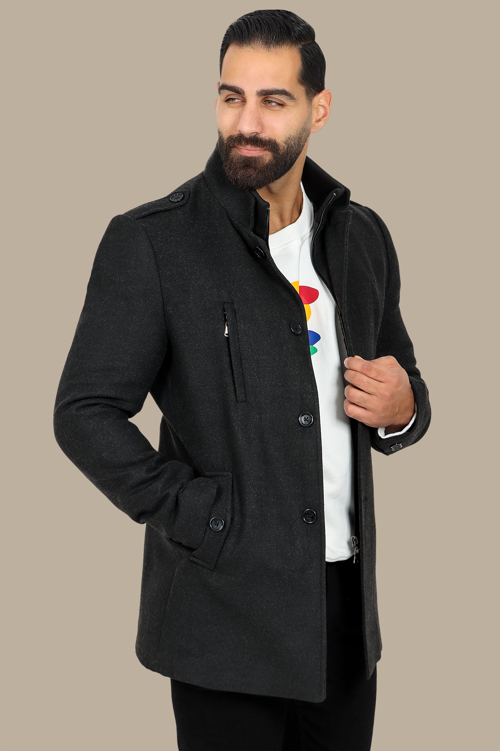 Black Coat with Detachable Mao Collar