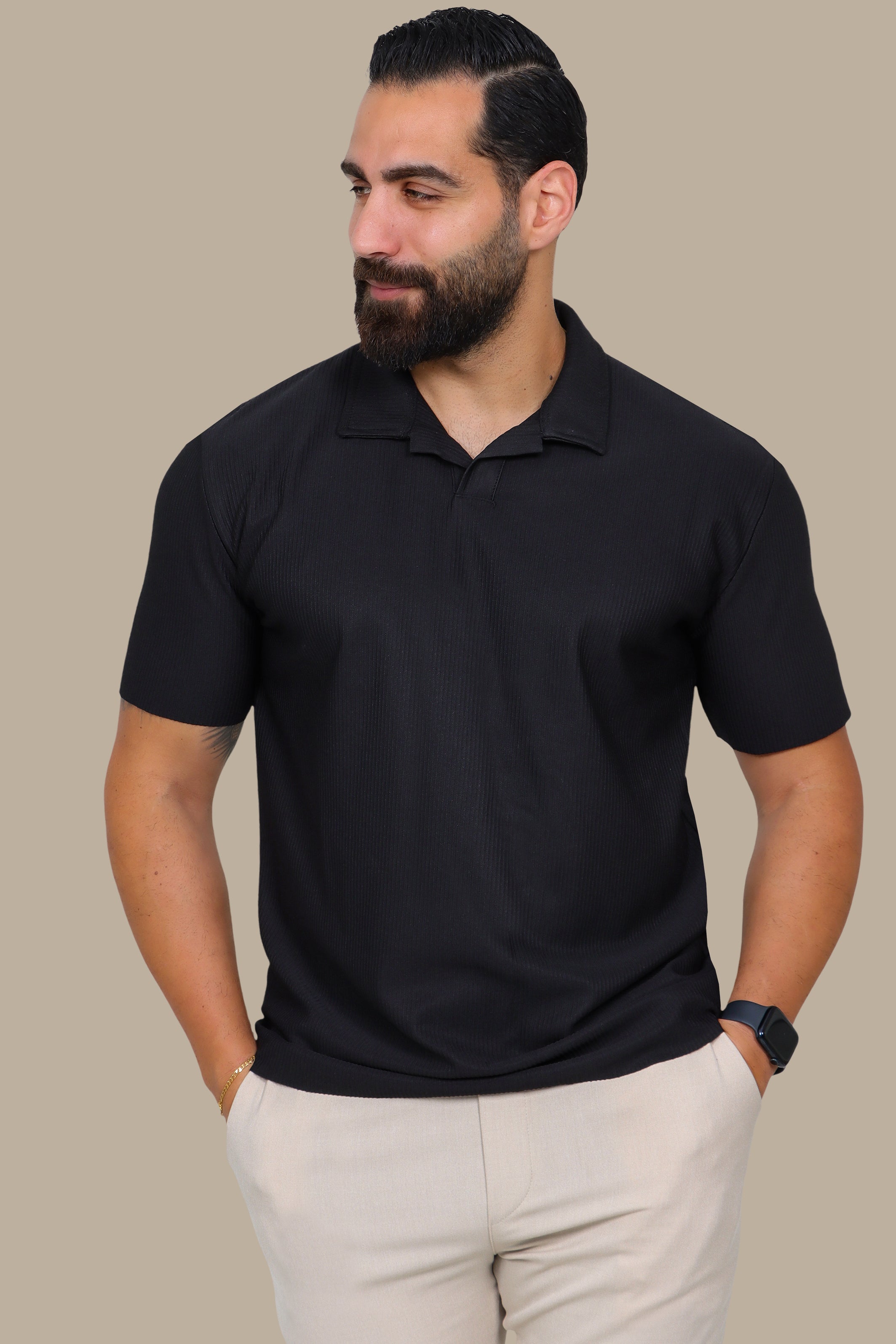 Black Ribbed Lycra Polo